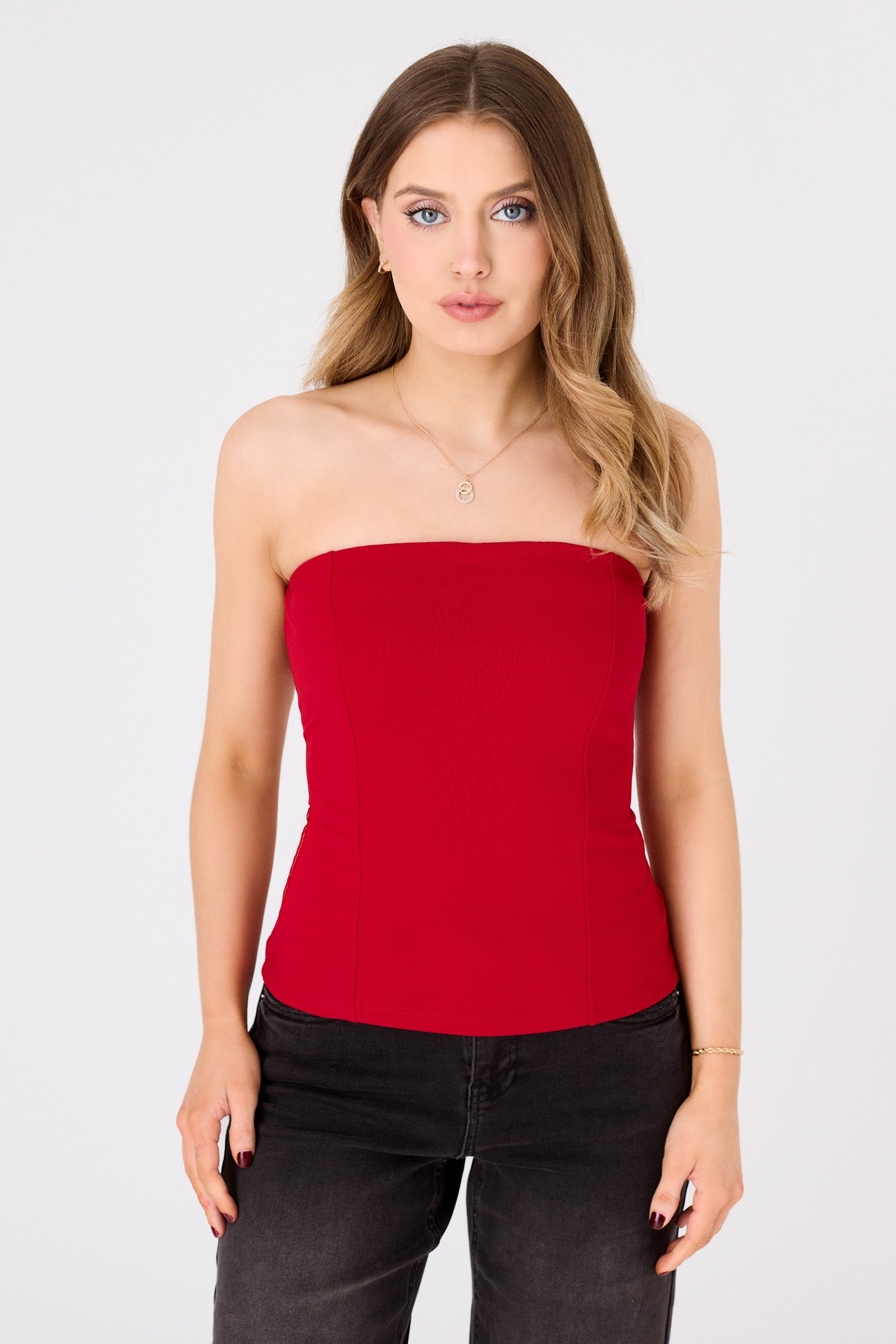 Stretch Crepe Strapless Lace-Up Top