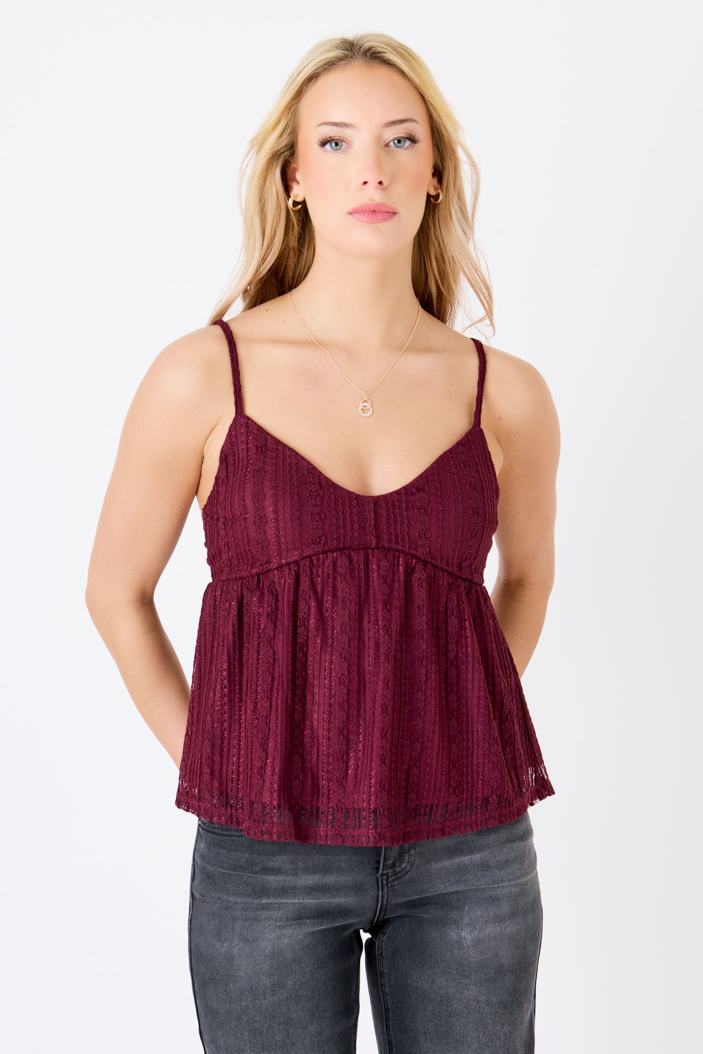 Floral Lace Spaghetti-Strap Babydoll Top