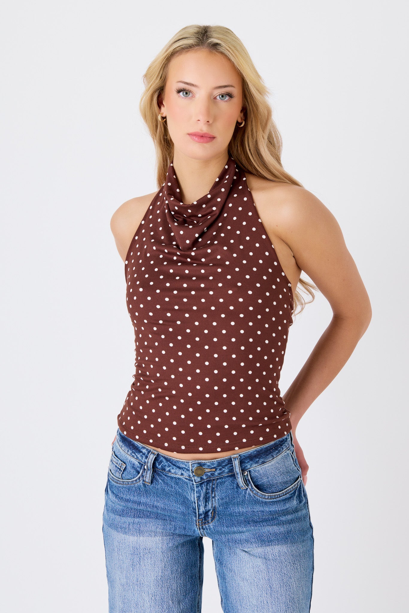 Polka Dot Double Layer Cowlneck Halter Top