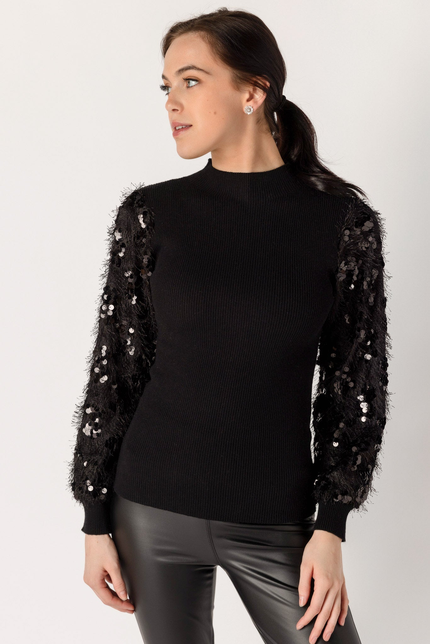 Rib Mockneck Sweater with Sequin Sleeves