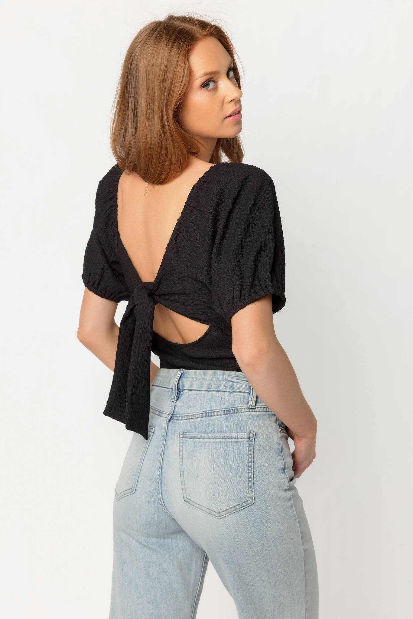 Textured Puff Sleeve Bodysuit with Tie-Back – Eclipse
