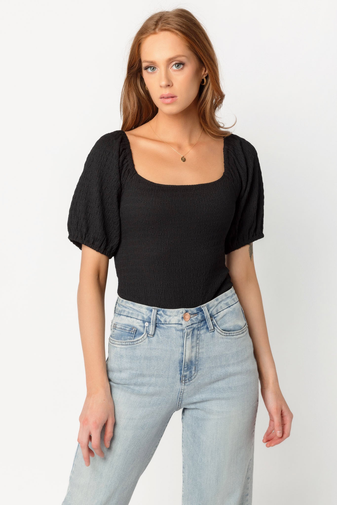 Textured Puff Sleeve Bodysuit with Tie-Back
