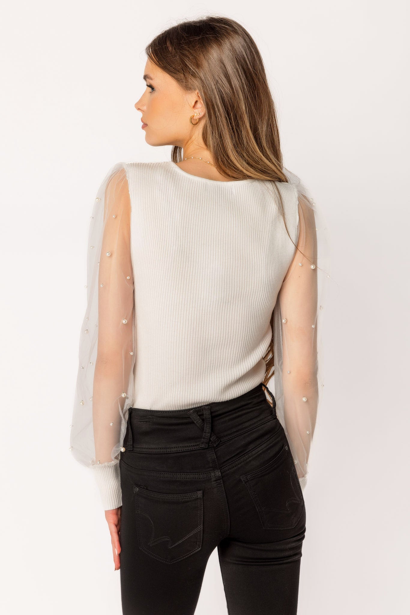 Ribbed Pearl Sweater with Illusion sleeves