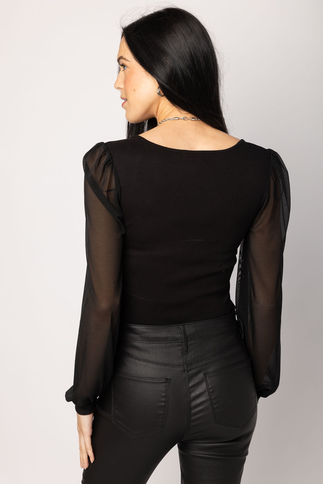 Black Ribbed Balloon Sleeve Bodysuit