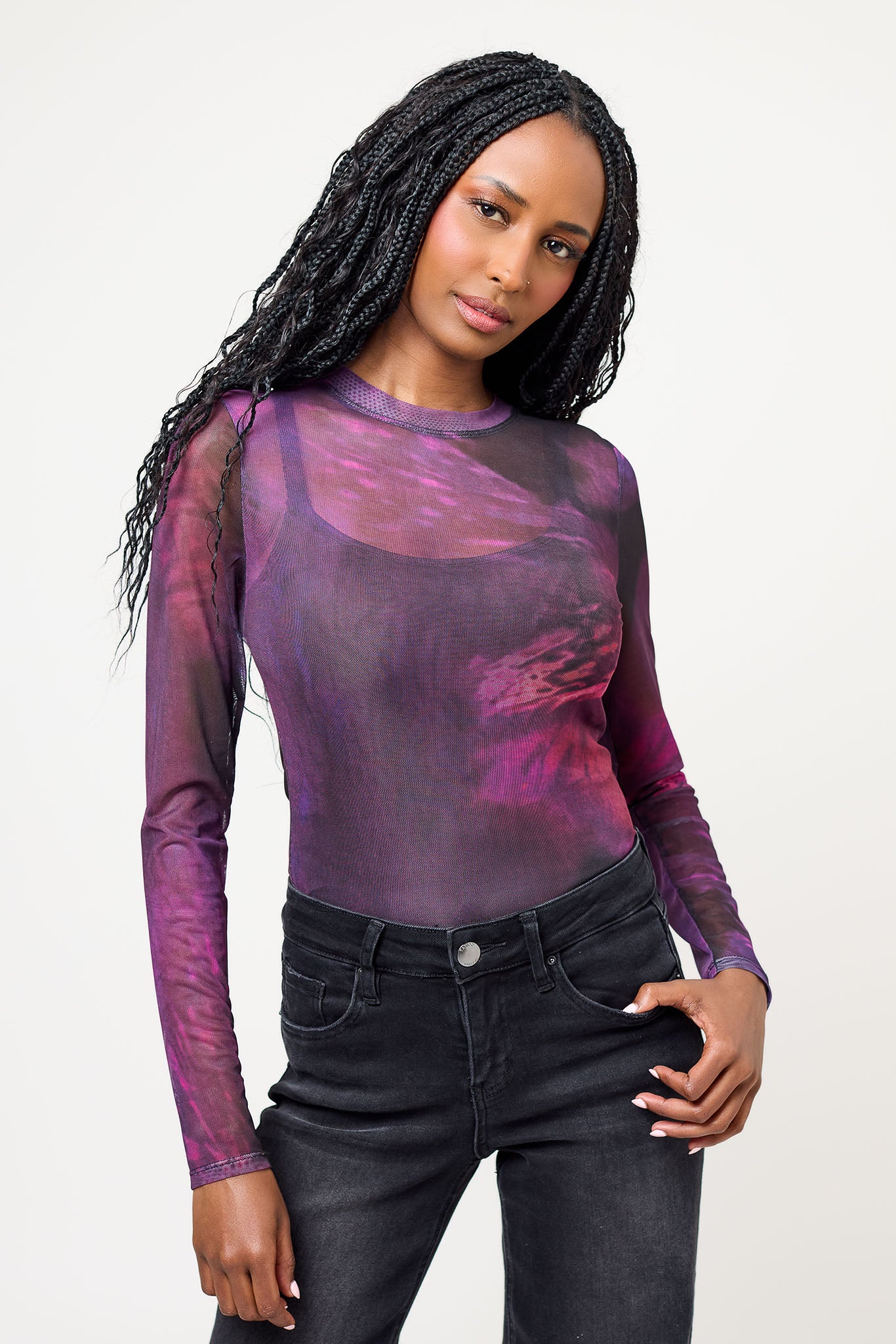 Tie-Dye Mesh Long-Sleeve Crew-Neck Bodysuit