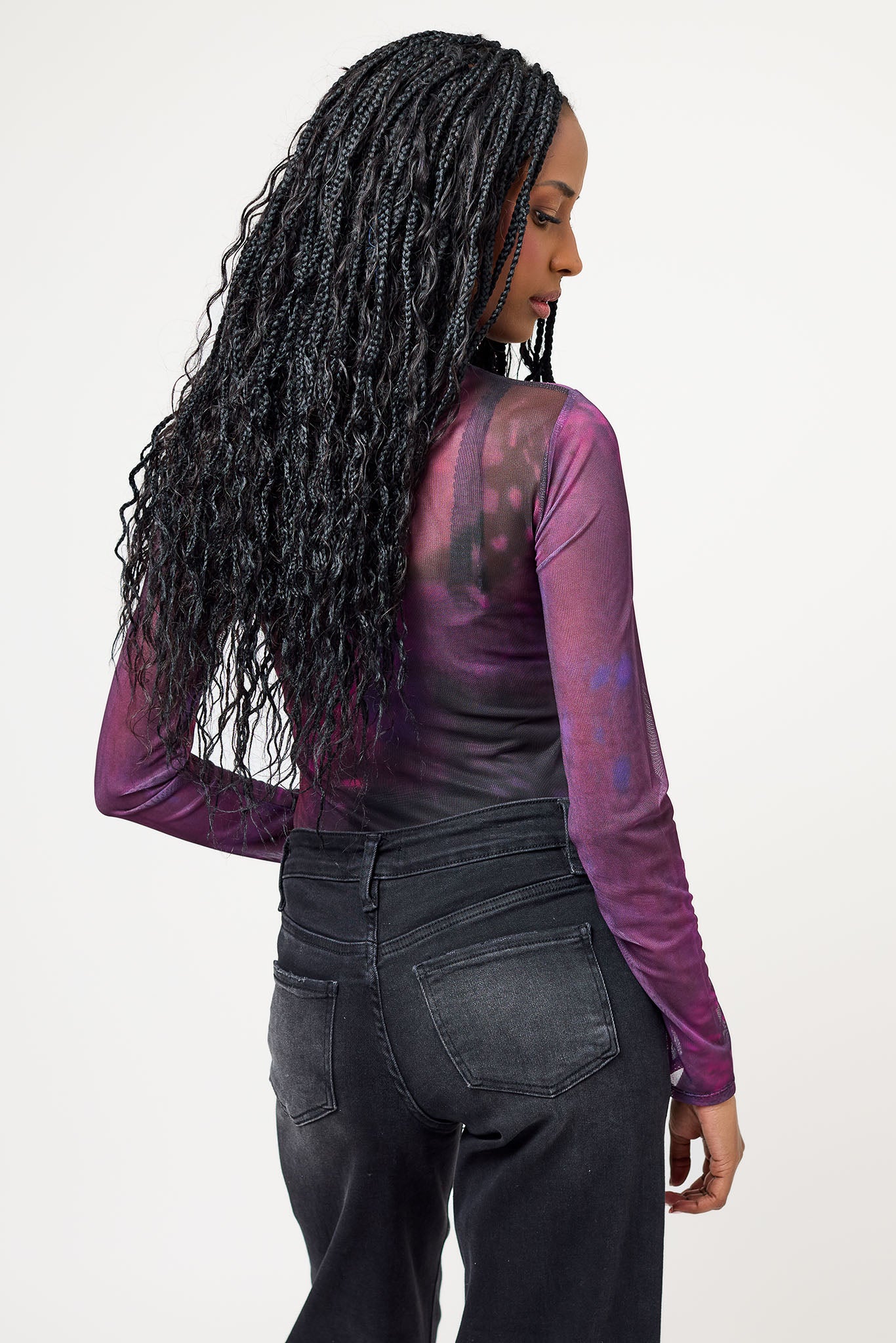 Tie-Dye Mesh Long-Sleeve Crew-Neck Bodysuit