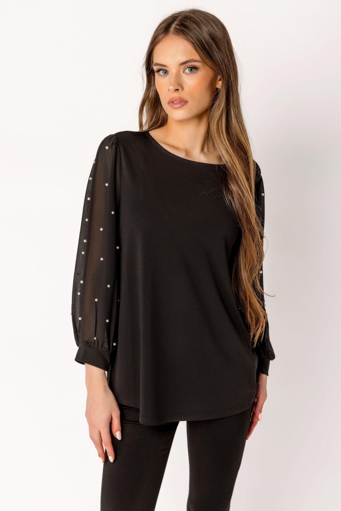 Beaded Mesh Long Sleeve Scoopneck Top