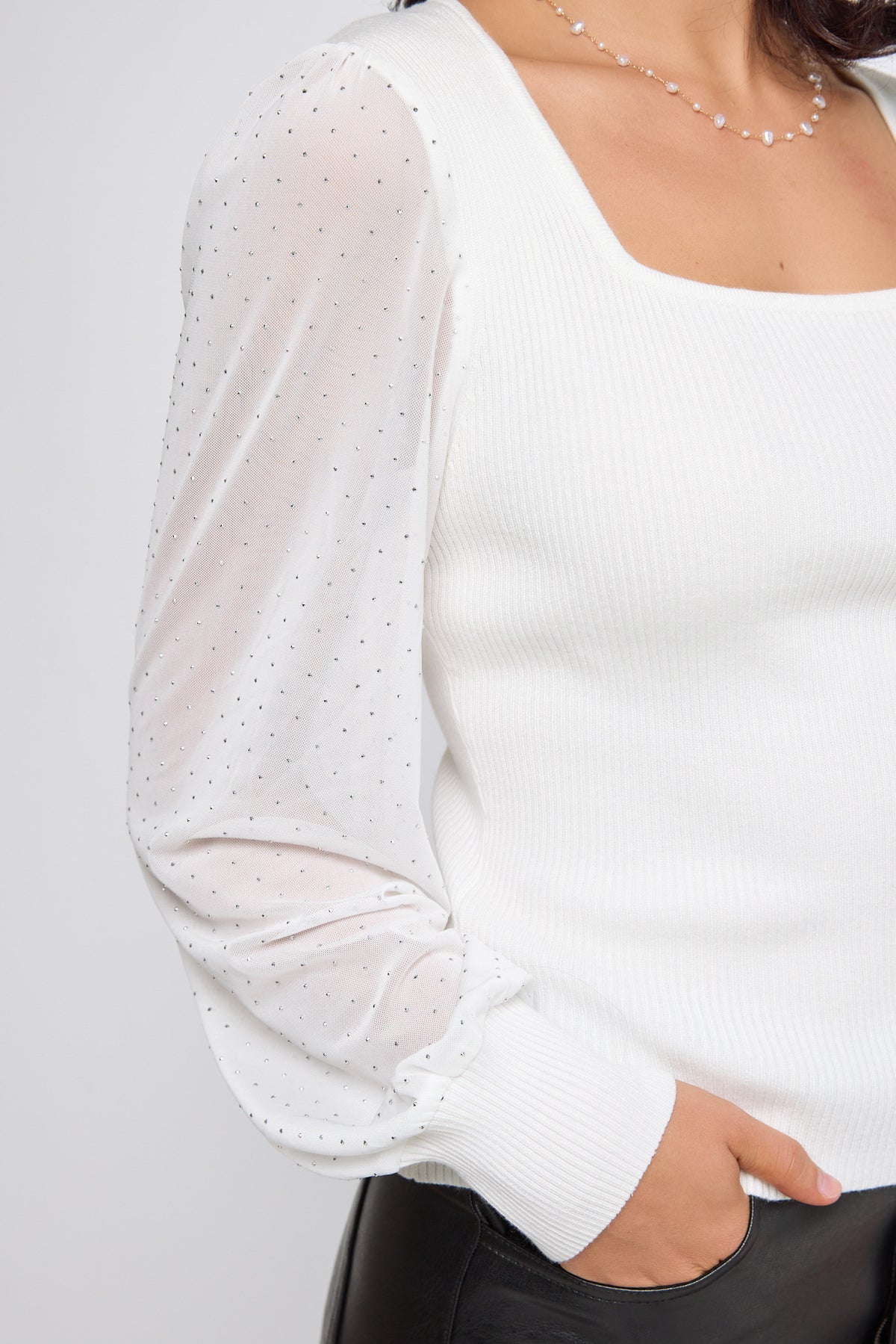 Ribbed Mesh Illusion Sleeve Top