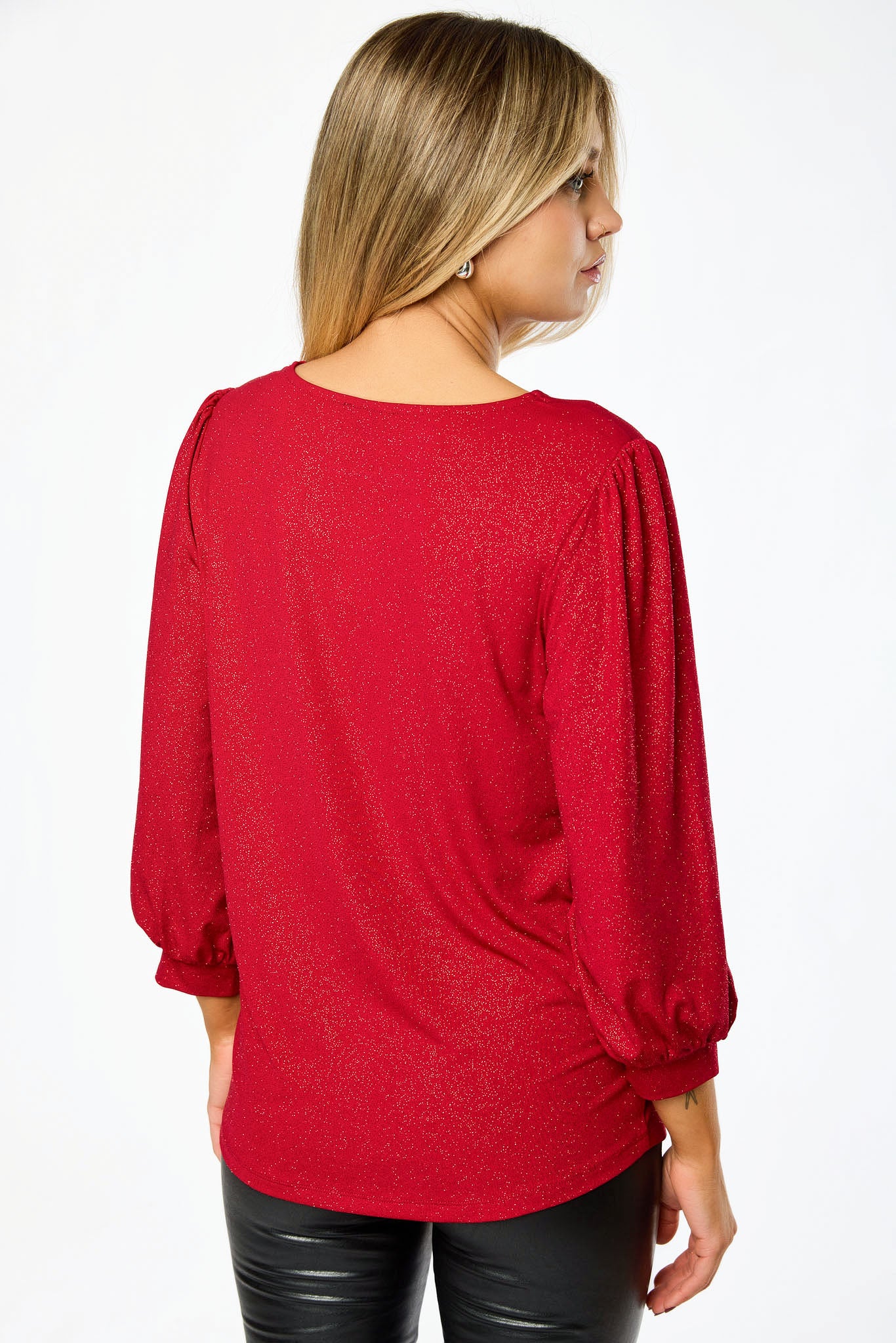 Crew-Neck Balloon 3/4 Sleeve Glitter Top with Shirttail Hem