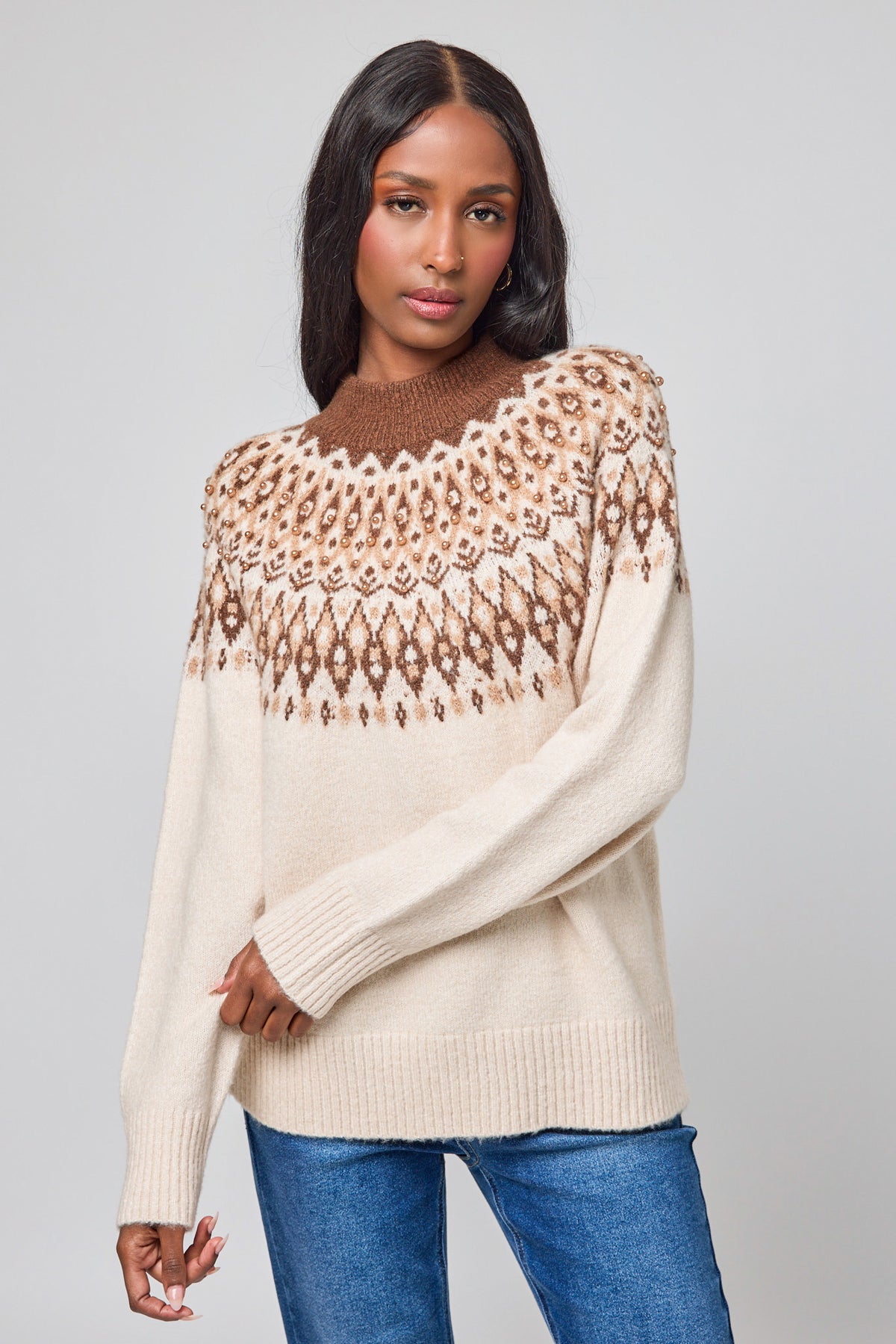 Festive Mockeneck Sweater With Pearls