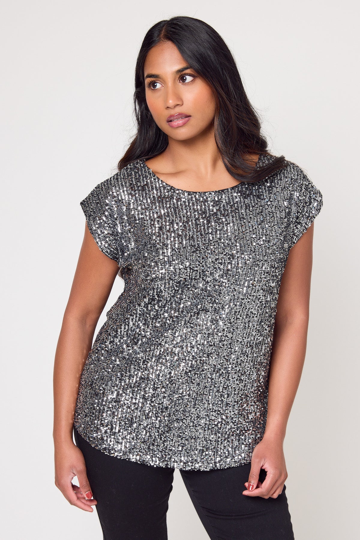 Sequin Tee with Shirttail Hem