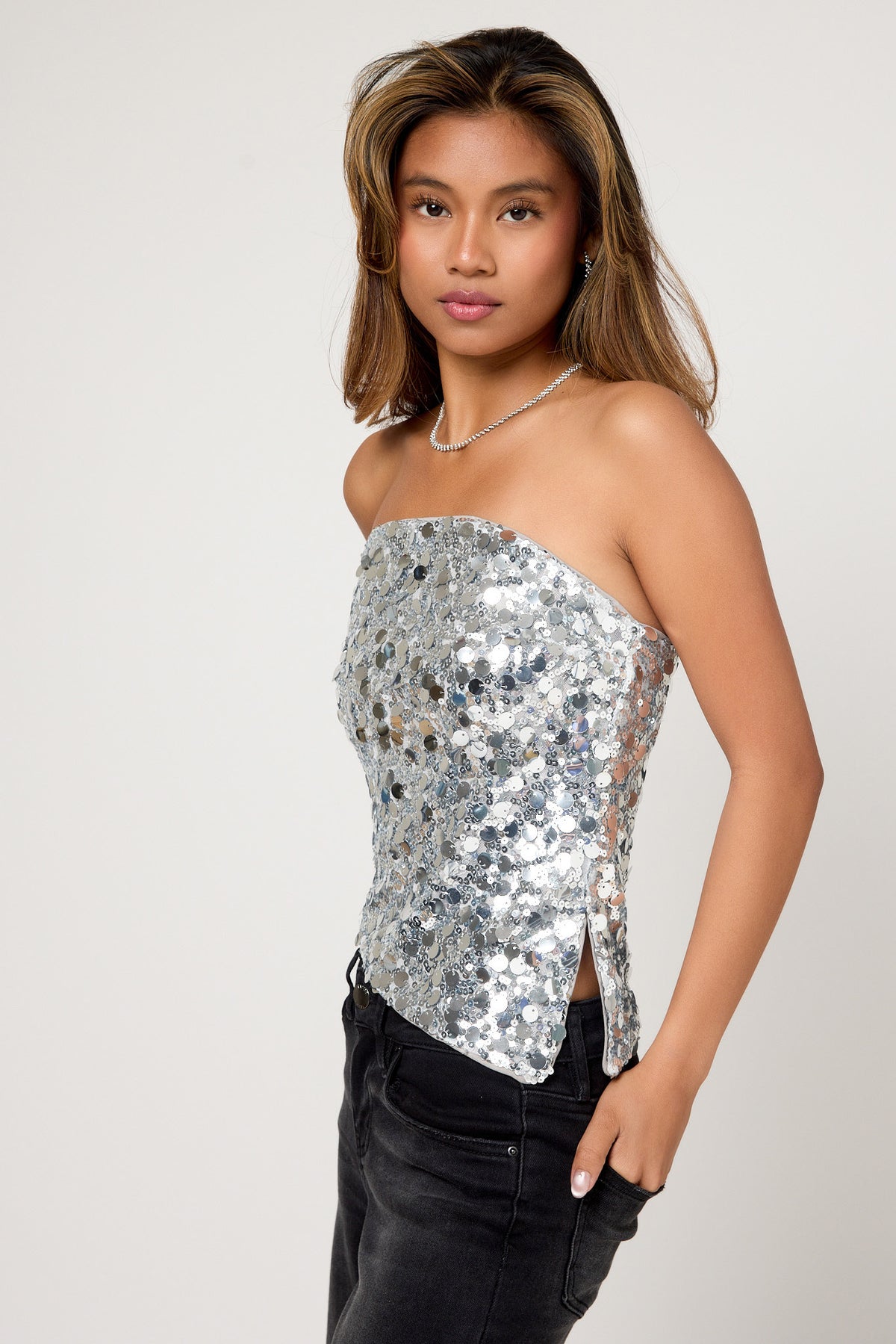 Asymmetrical Sequin Tube Top