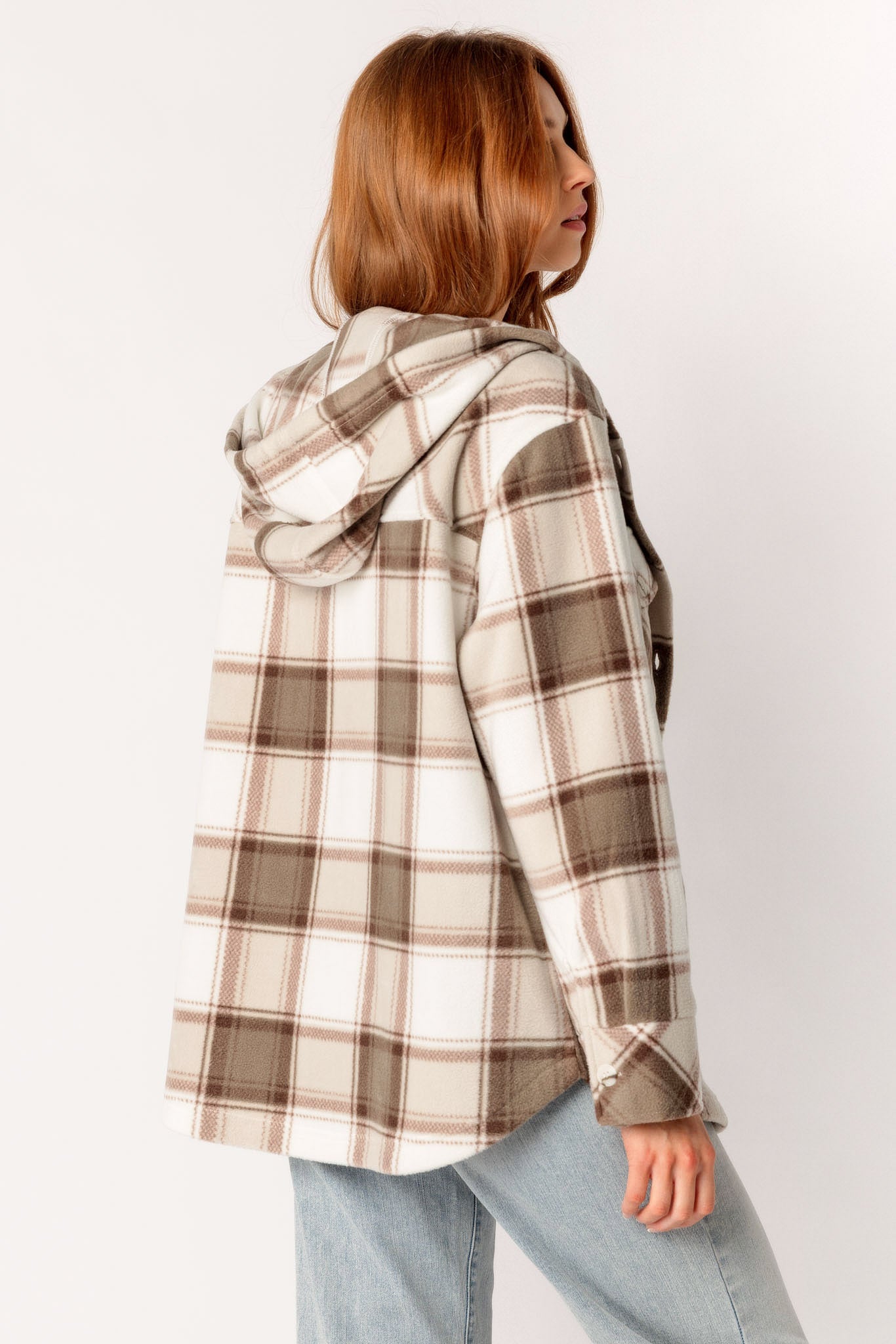 Oceane Plaid Polar Fleece Hooded Shacket