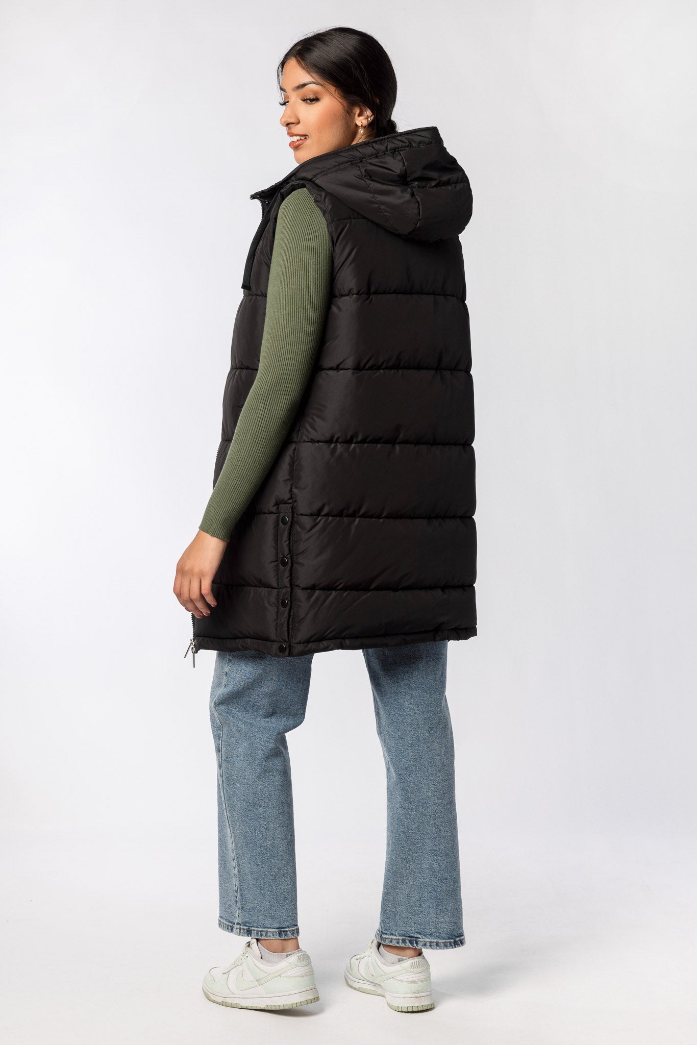 Hooded Midi Puffer Vest with Side Snaps