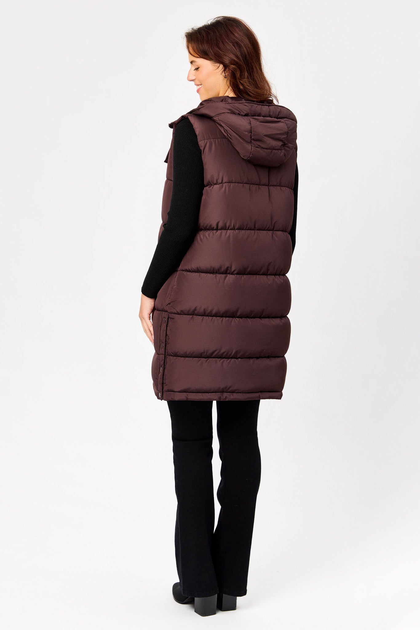 Hooded Midi Puffer Vest with Side Snaps