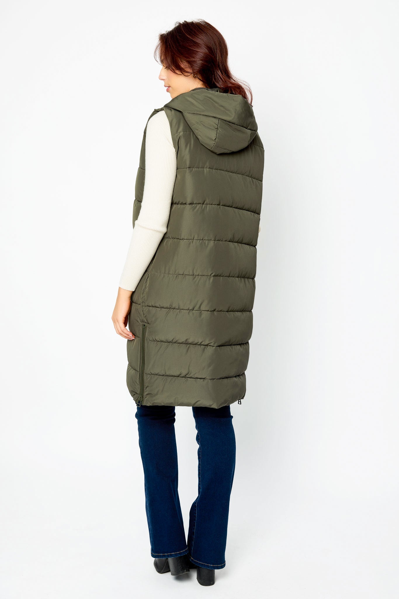 Hooded Midi Puffer Vest with Side Zippers