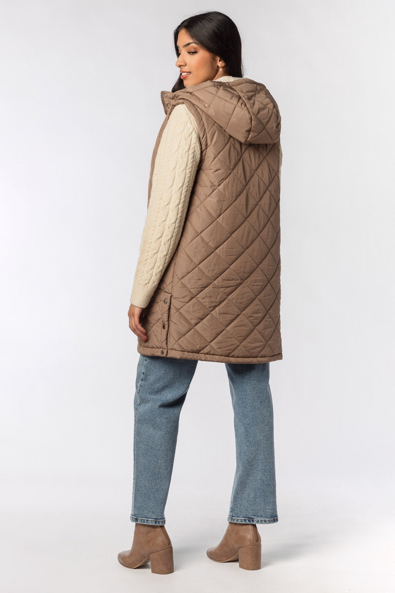 Quilted Puffer Midi Vest with Sherpa Lined Hood