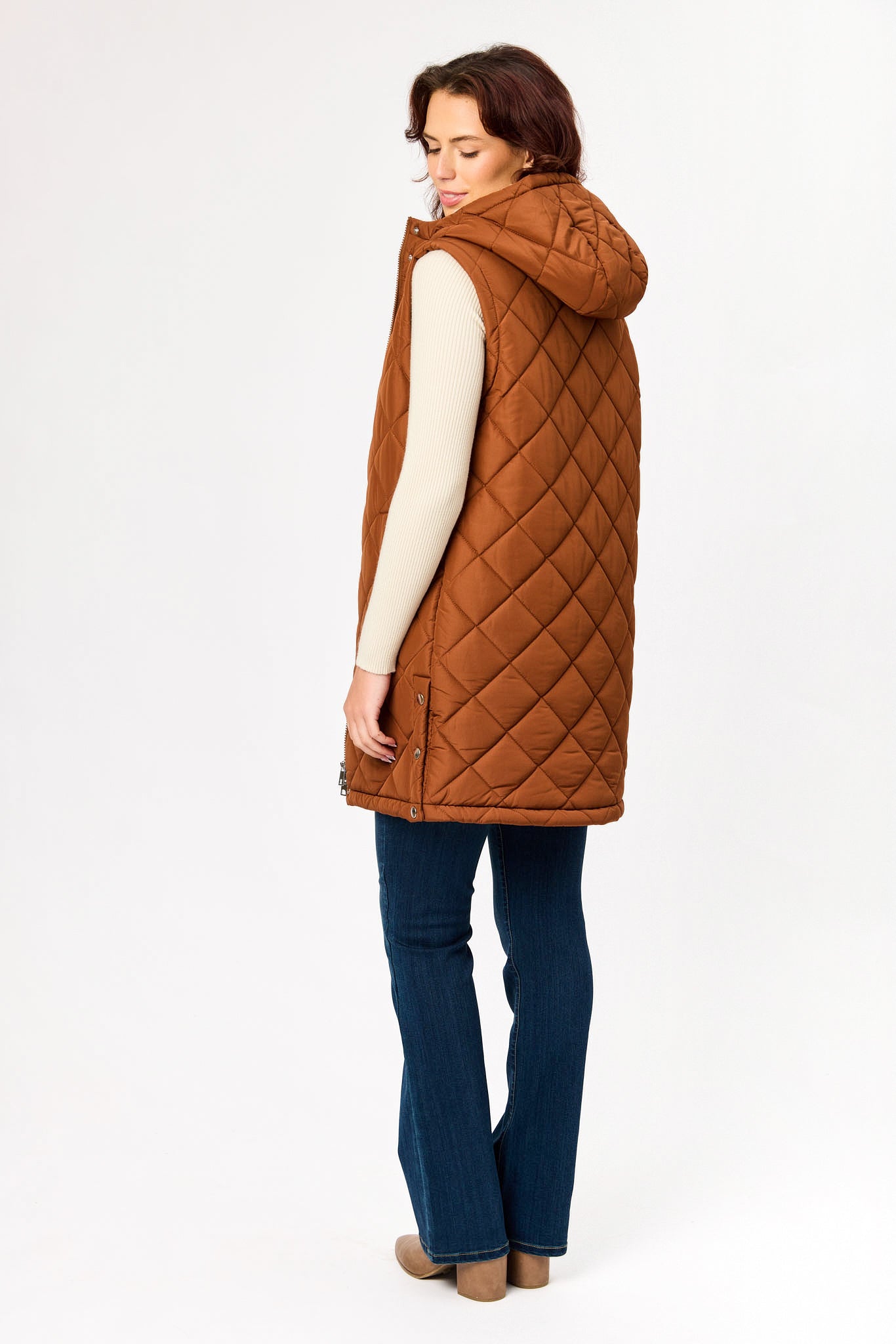 Quilted Puffer Midi Vest with Sherpa Lined Hood
