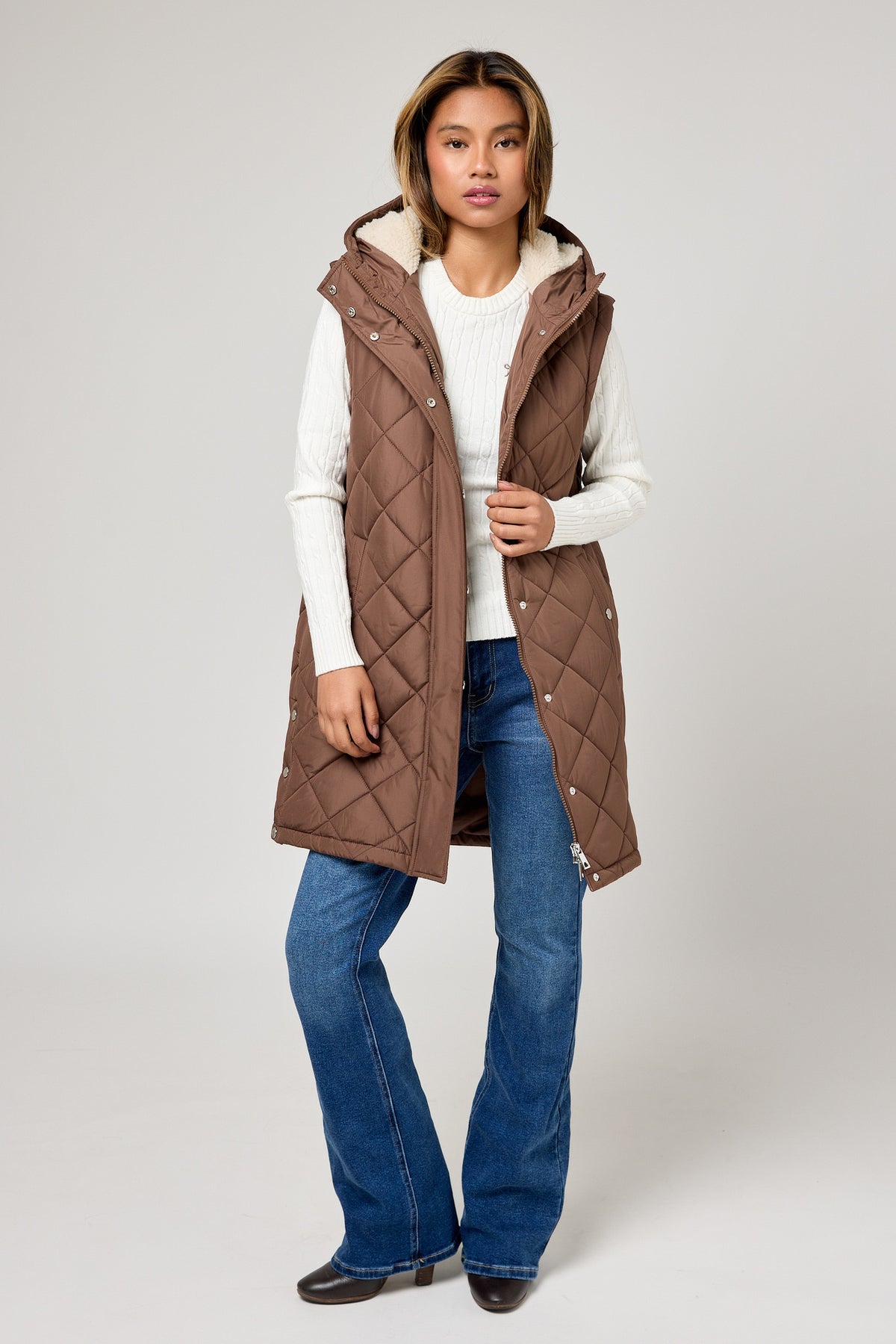 Quilted Puffer Midi Vest with Sherpa Lined Hood