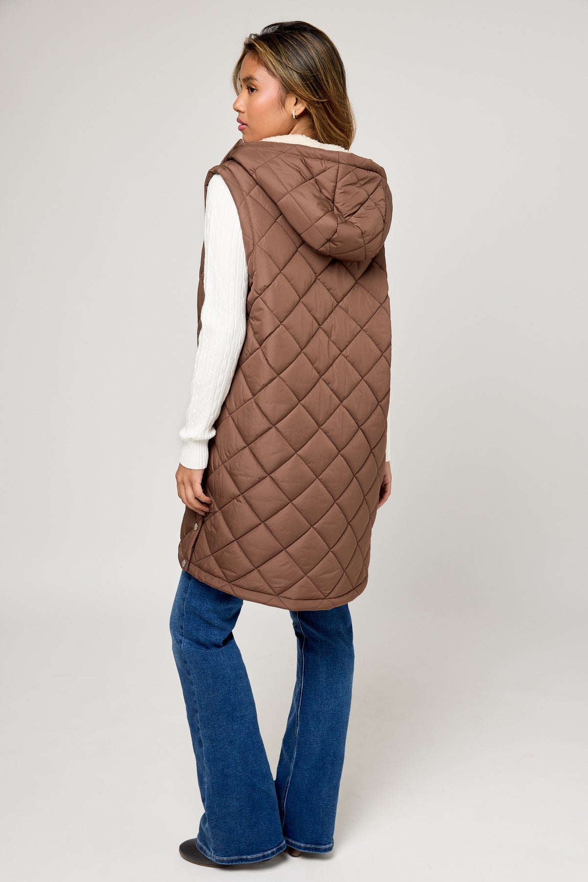 Quilted Puffer Midi Vest with Sherpa Lined Hood
