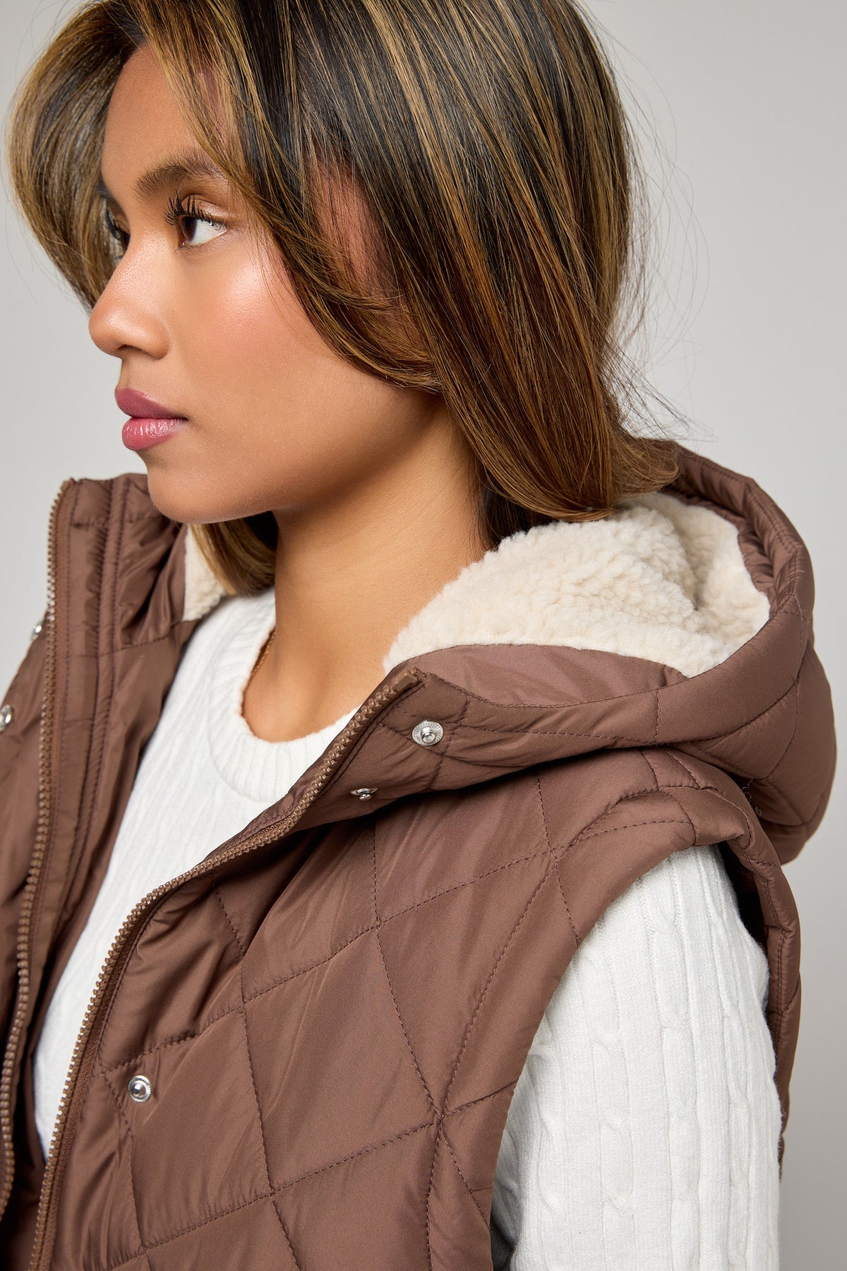 Quilted Puffer Midi Vest with Sherpa Lined Hood