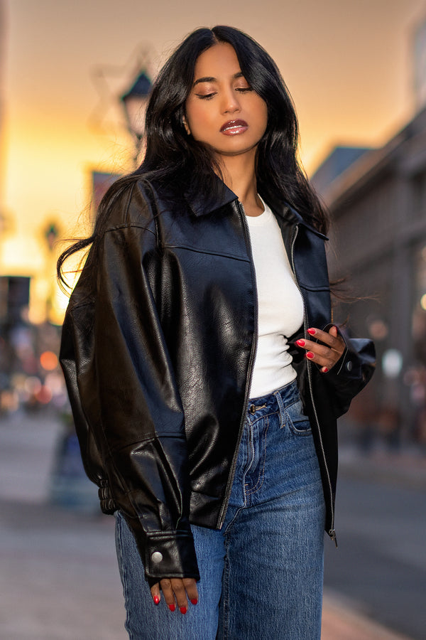 Ashley Oversized Vegan Leather Bomber Jacket