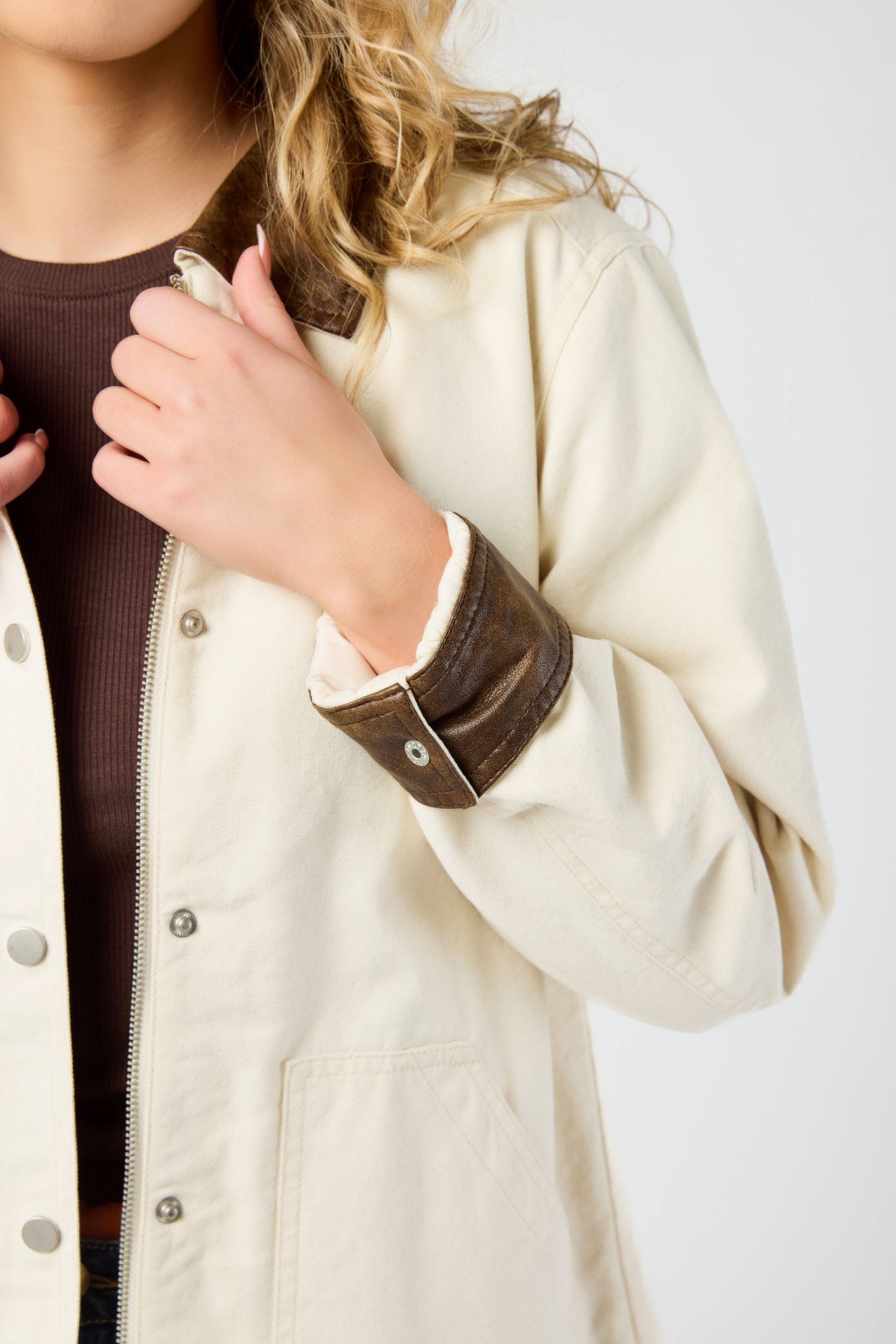 Faux-Leather Collar Canvas Barn Jacket
