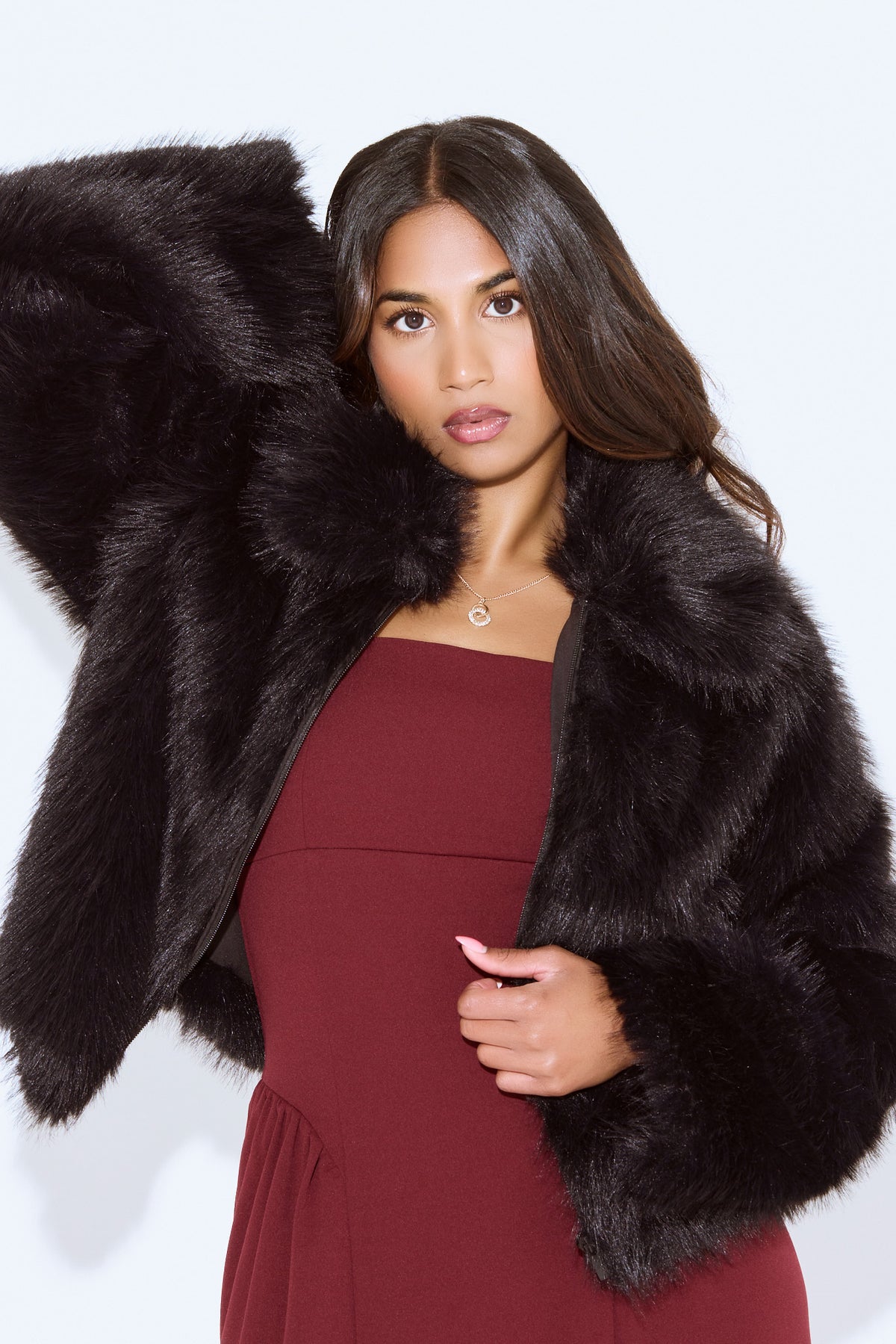 Long-Hair Faux Fur Zip Jacket