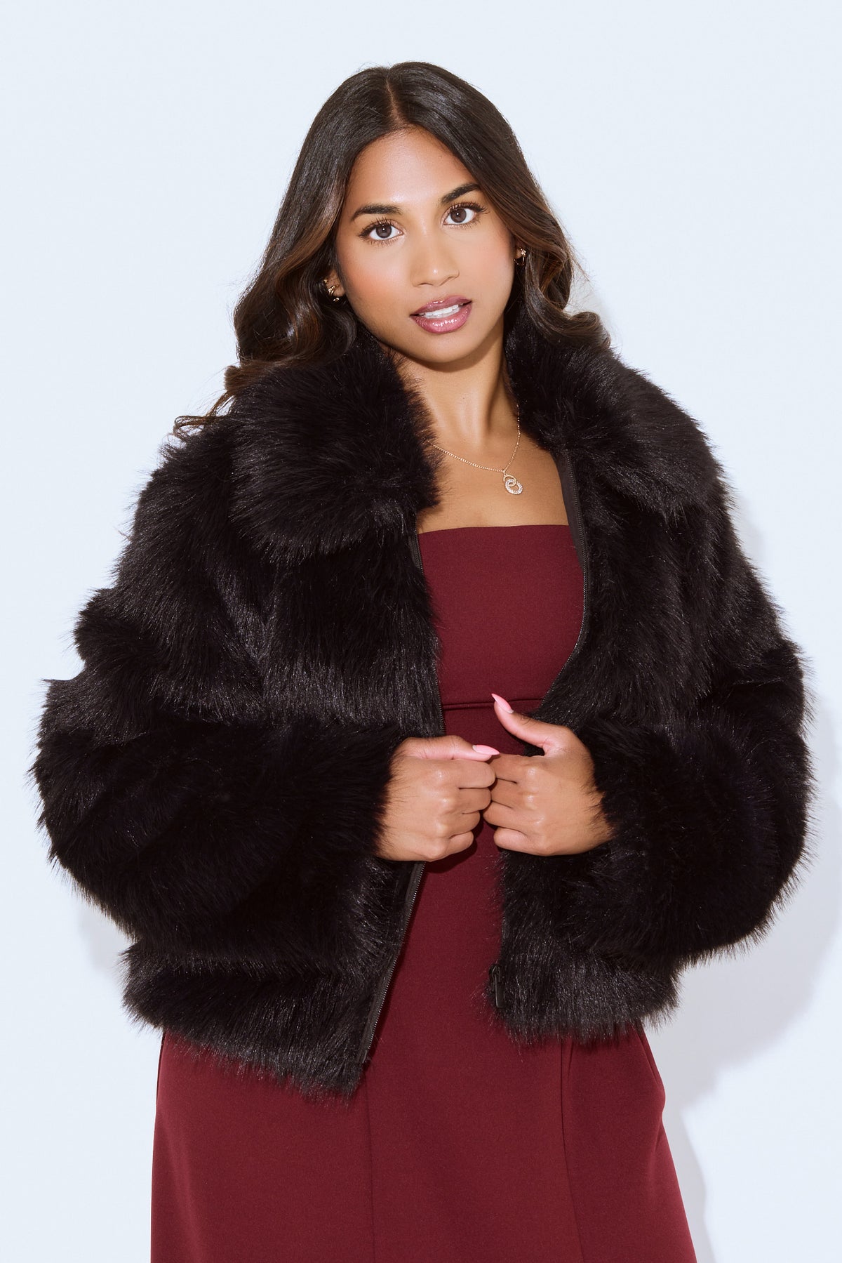 Long-Hair Faux Fur Zip Jacket