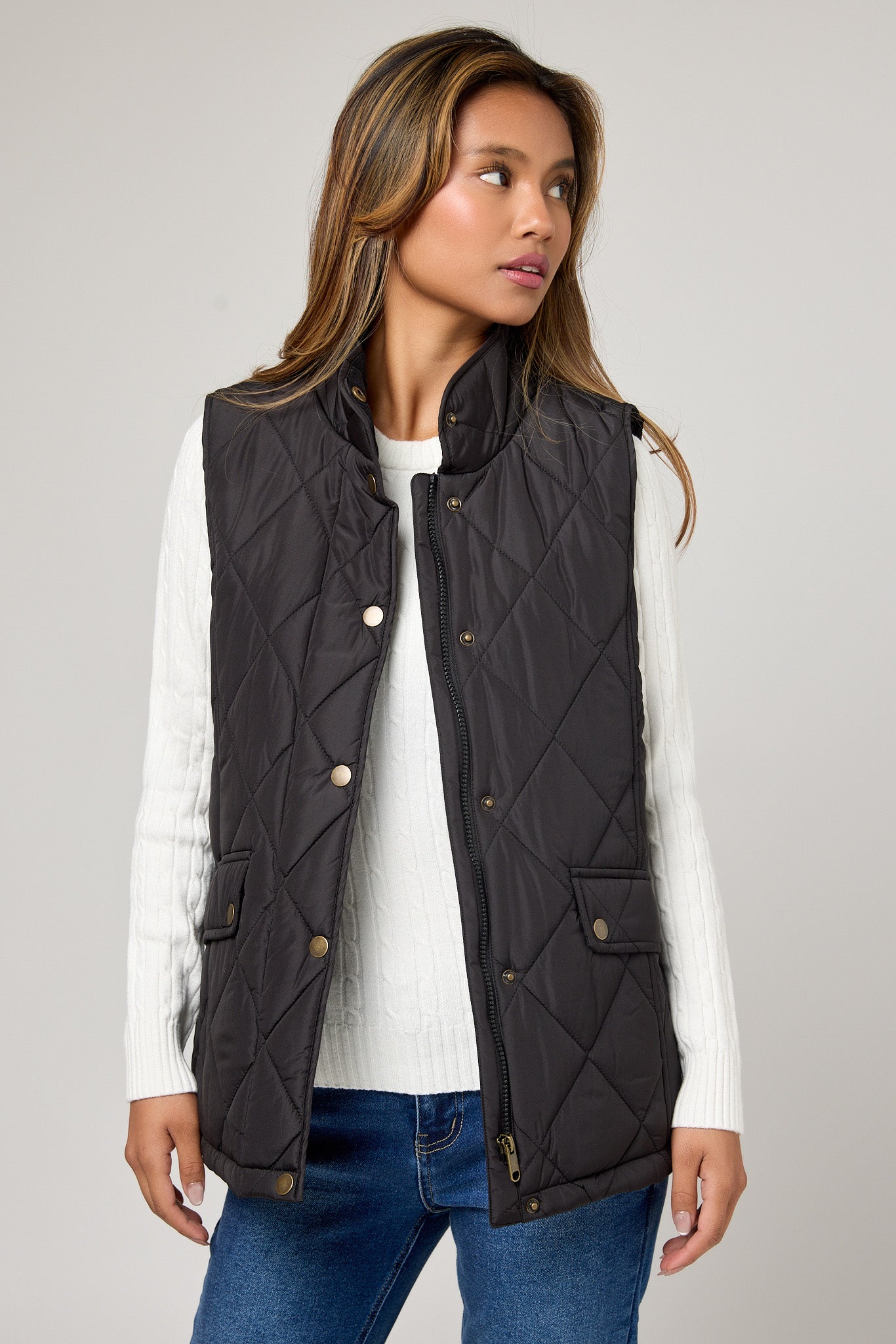 Diamond Quilt Vest with Corduroy Trim &amp; Adjustable Back Tab