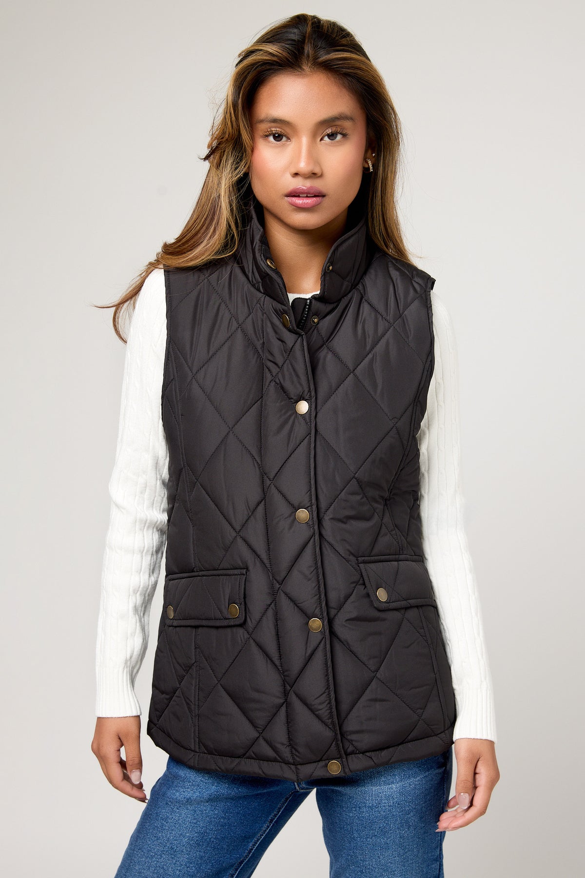Diamond Quilt Vest with Corduroy Trim &amp; Adjustable Back Tab