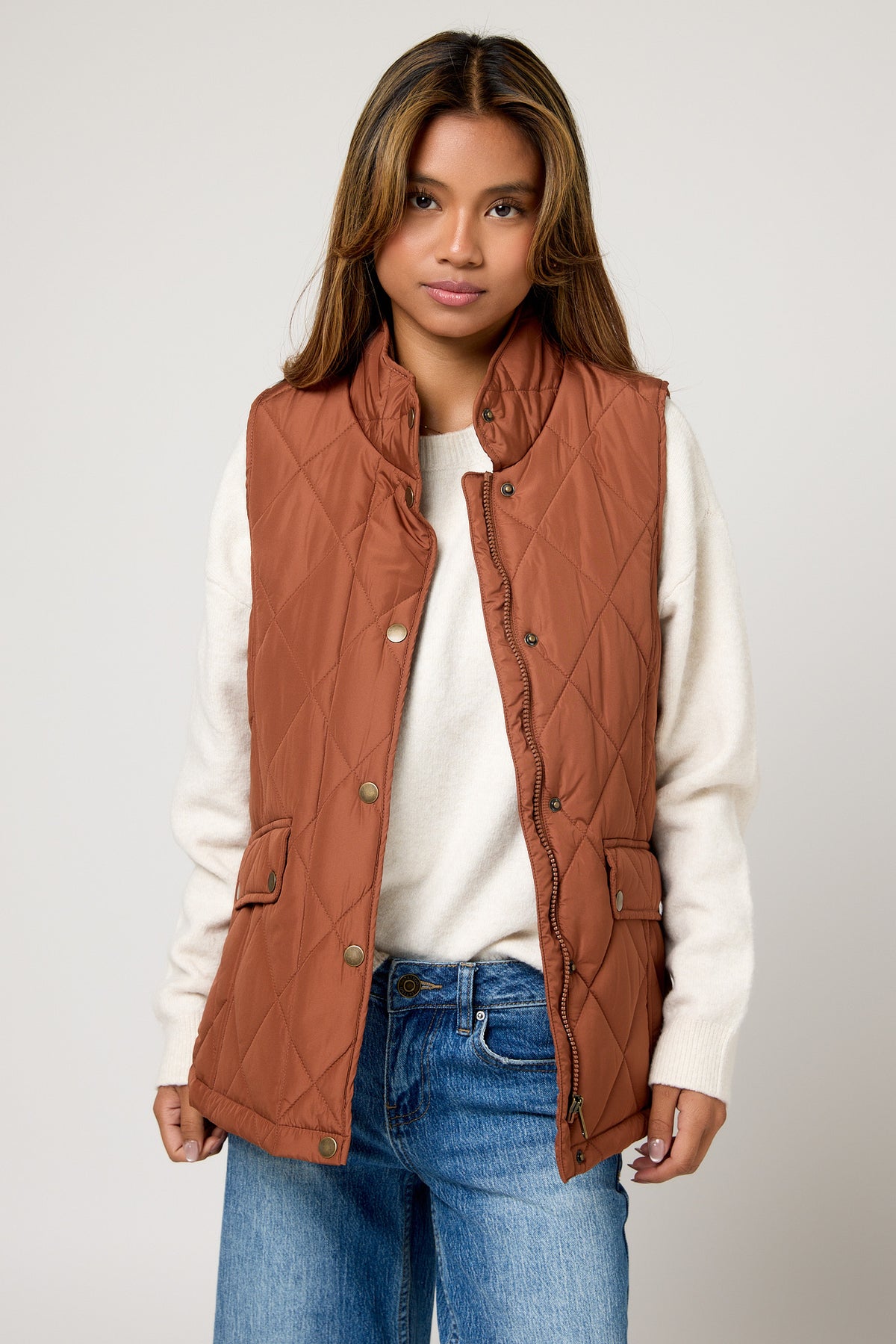 Diamond Quilt Vest with Corduroy Trim &amp; Adjustable Back Tab
