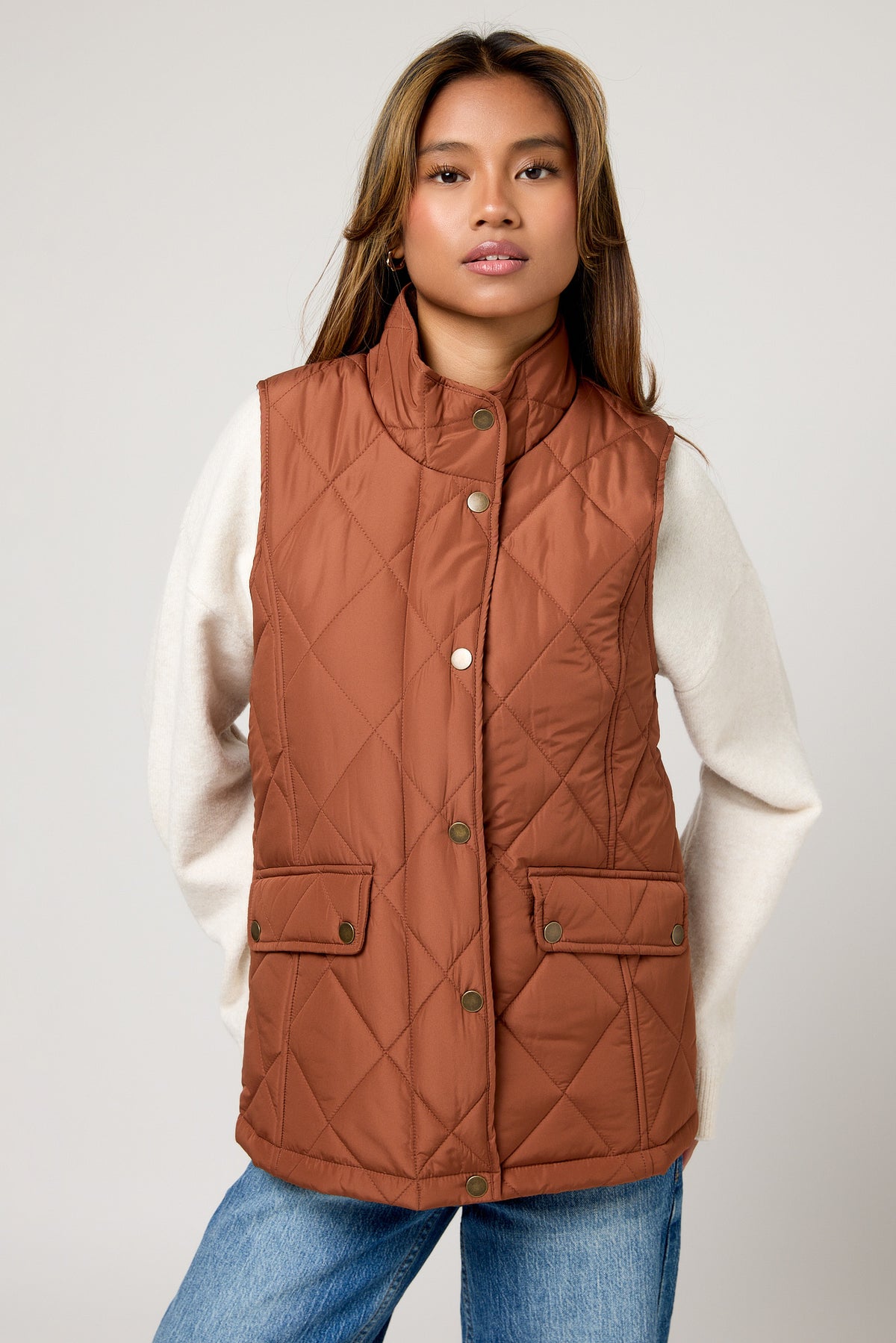 Diamond Quilt Vest with Corduroy Trim &amp; Adjustable Back Tab