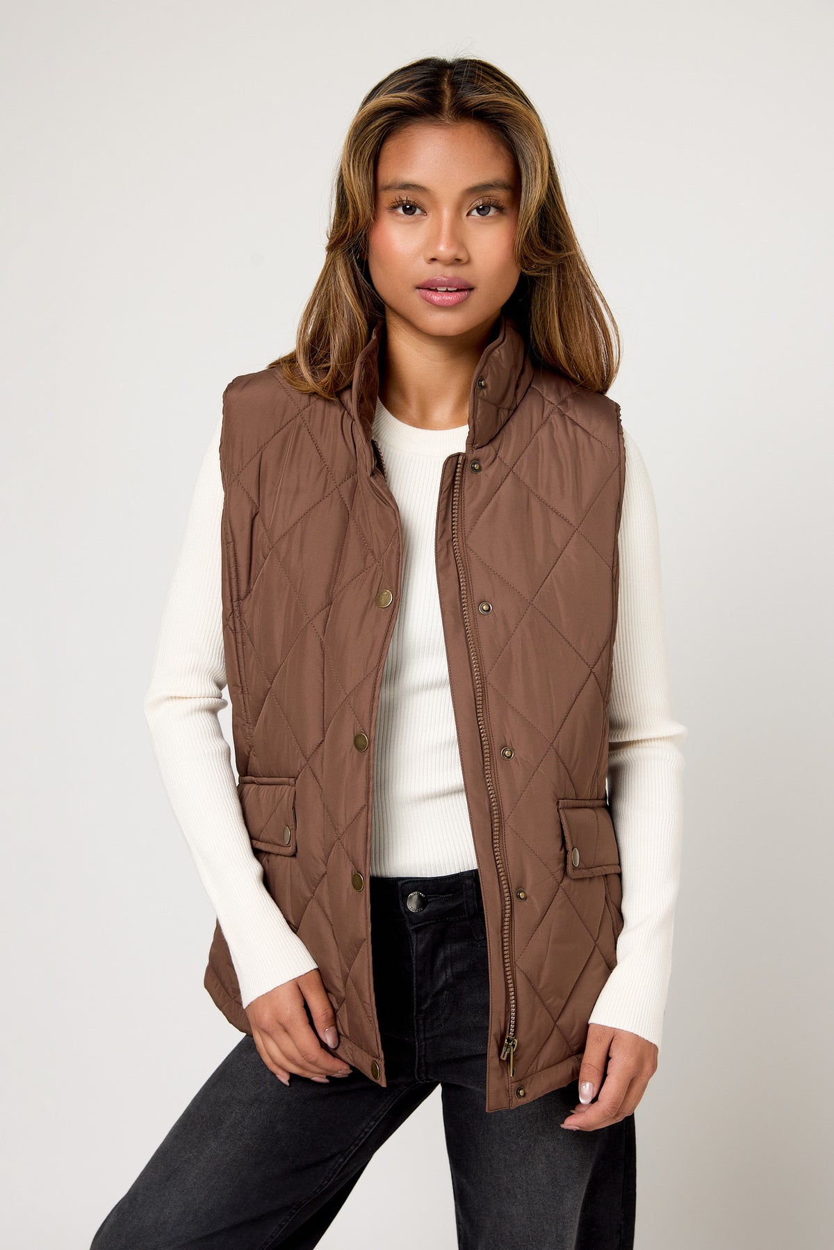 Diamond Quilt Vest with Corduroy Trim &amp; Adjustable Back Tab