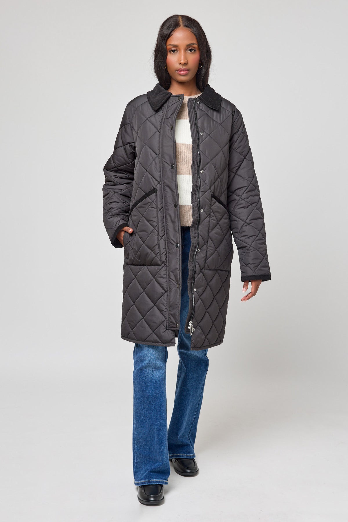 Diamond Quilted Coat with Corduroy Trim