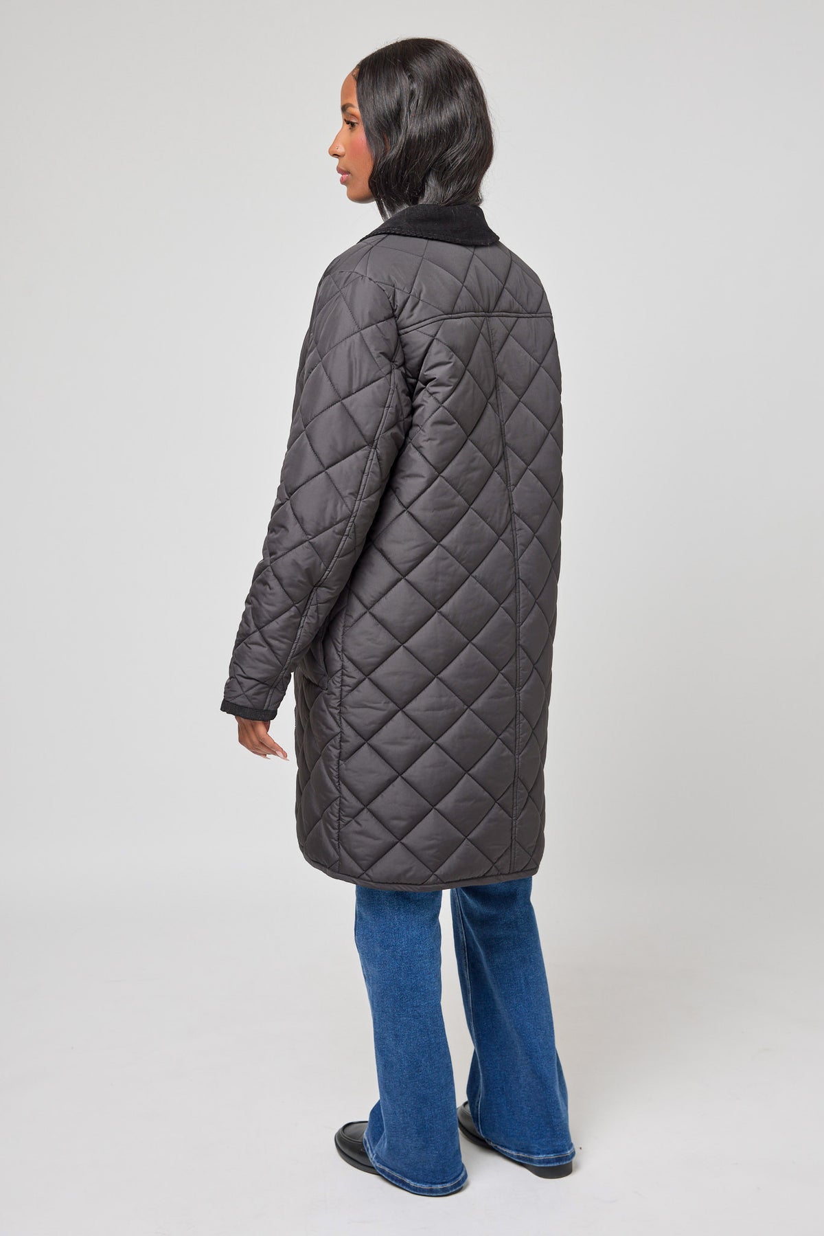 Diamond Quilted Coat with Corduroy Trim