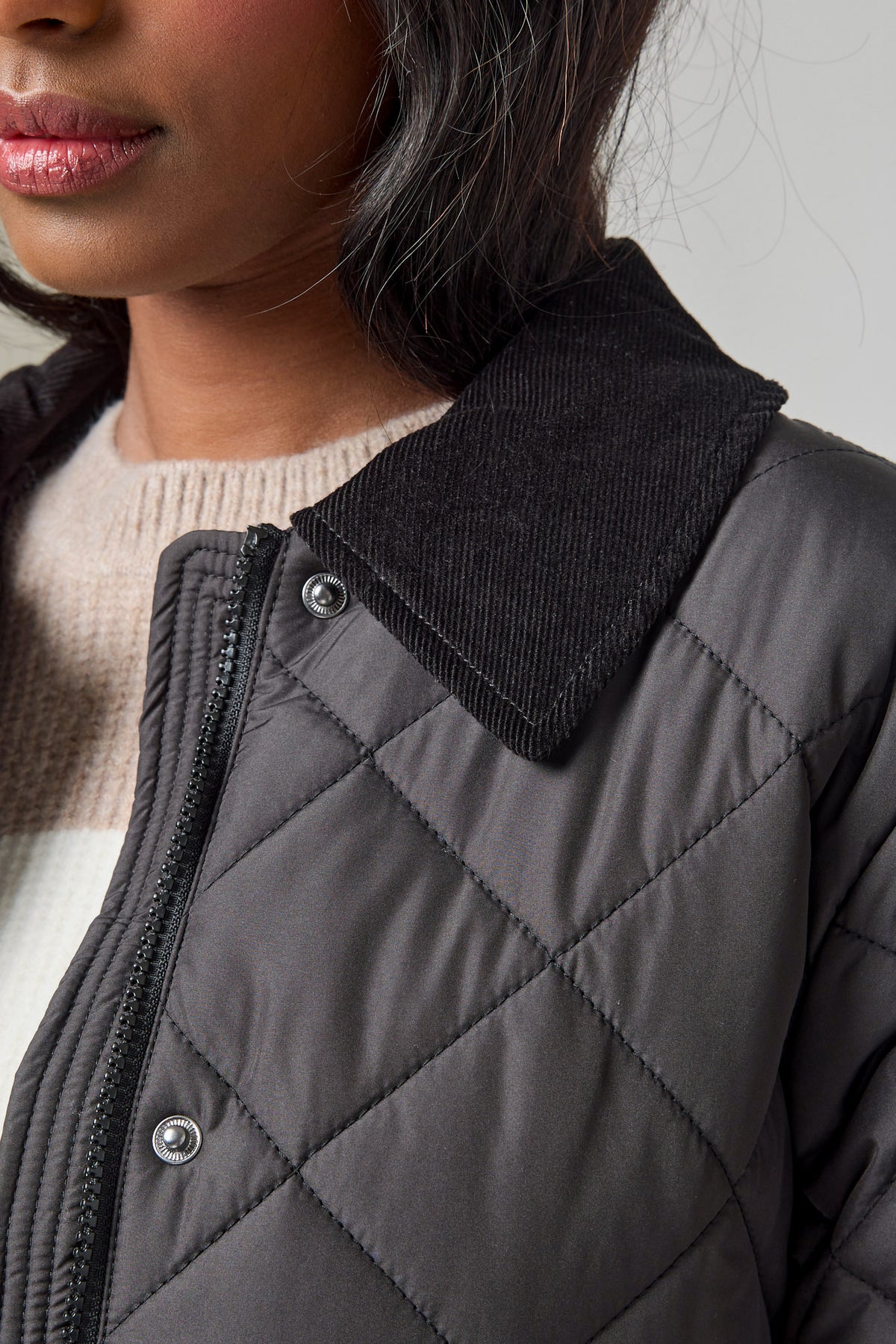 Diamond Quilted Coat with Corduroy Trim