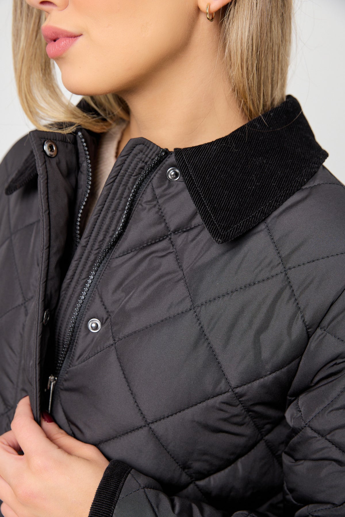 Diamond Quilted Coat with Corduroy Trim