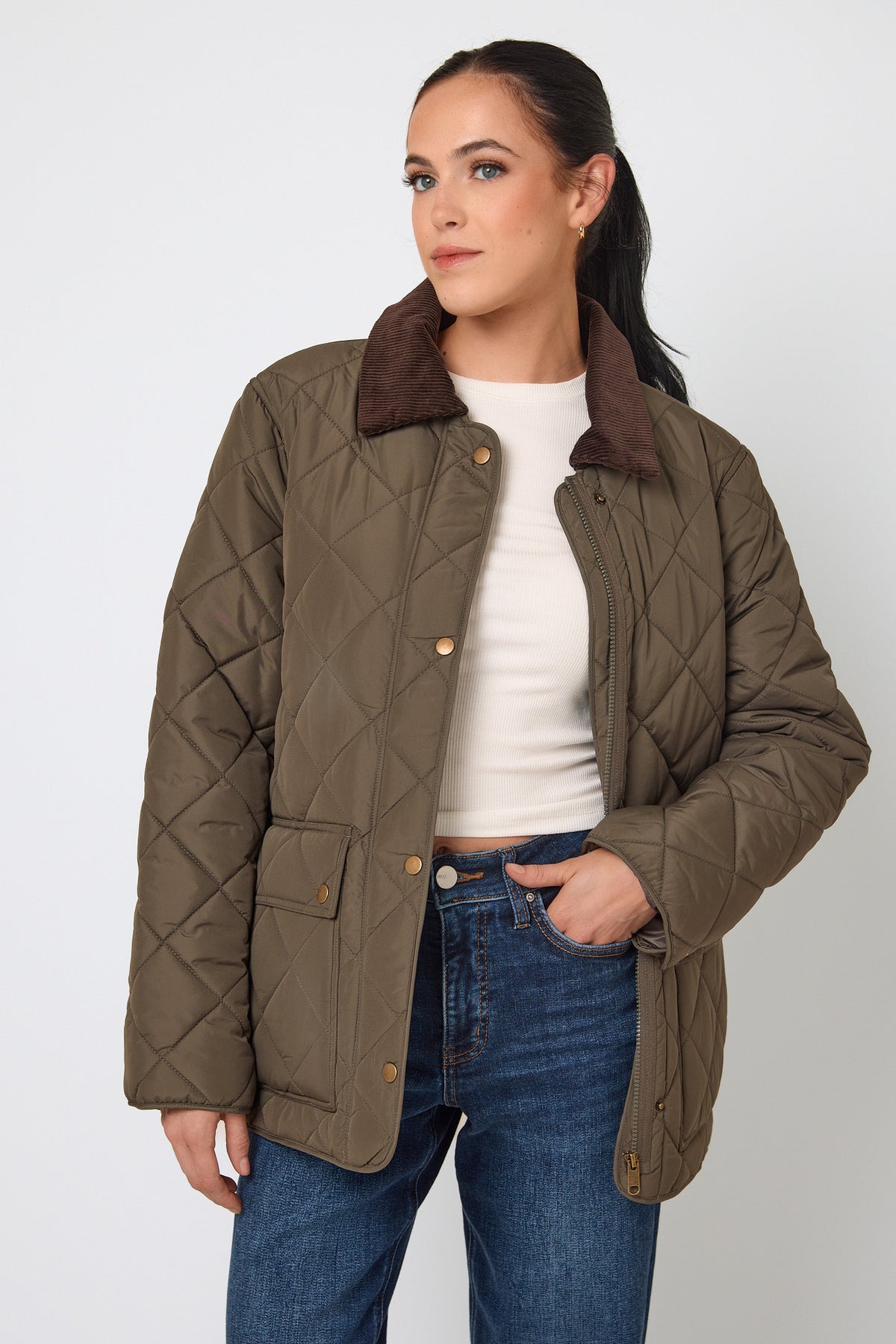 Diamond-Quilted Barn Jacket with Corduroy Trim
