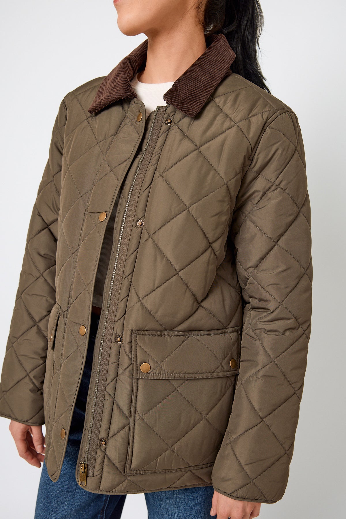 Diamond-Quilted Barn Jacket with Corduroy Trim