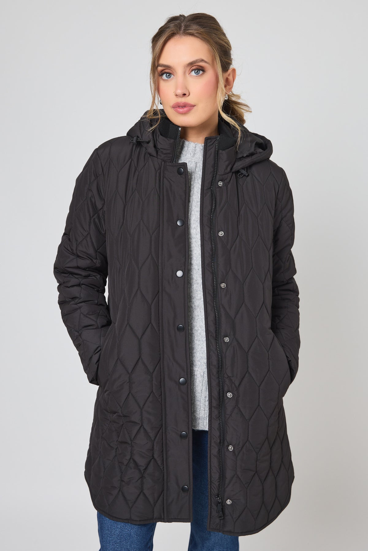 Honeycomb Quilted Hooded Coat