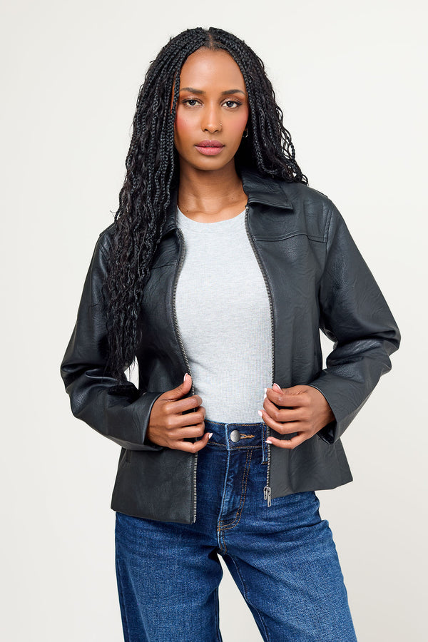 Faux Leather Zip-Front Jacket