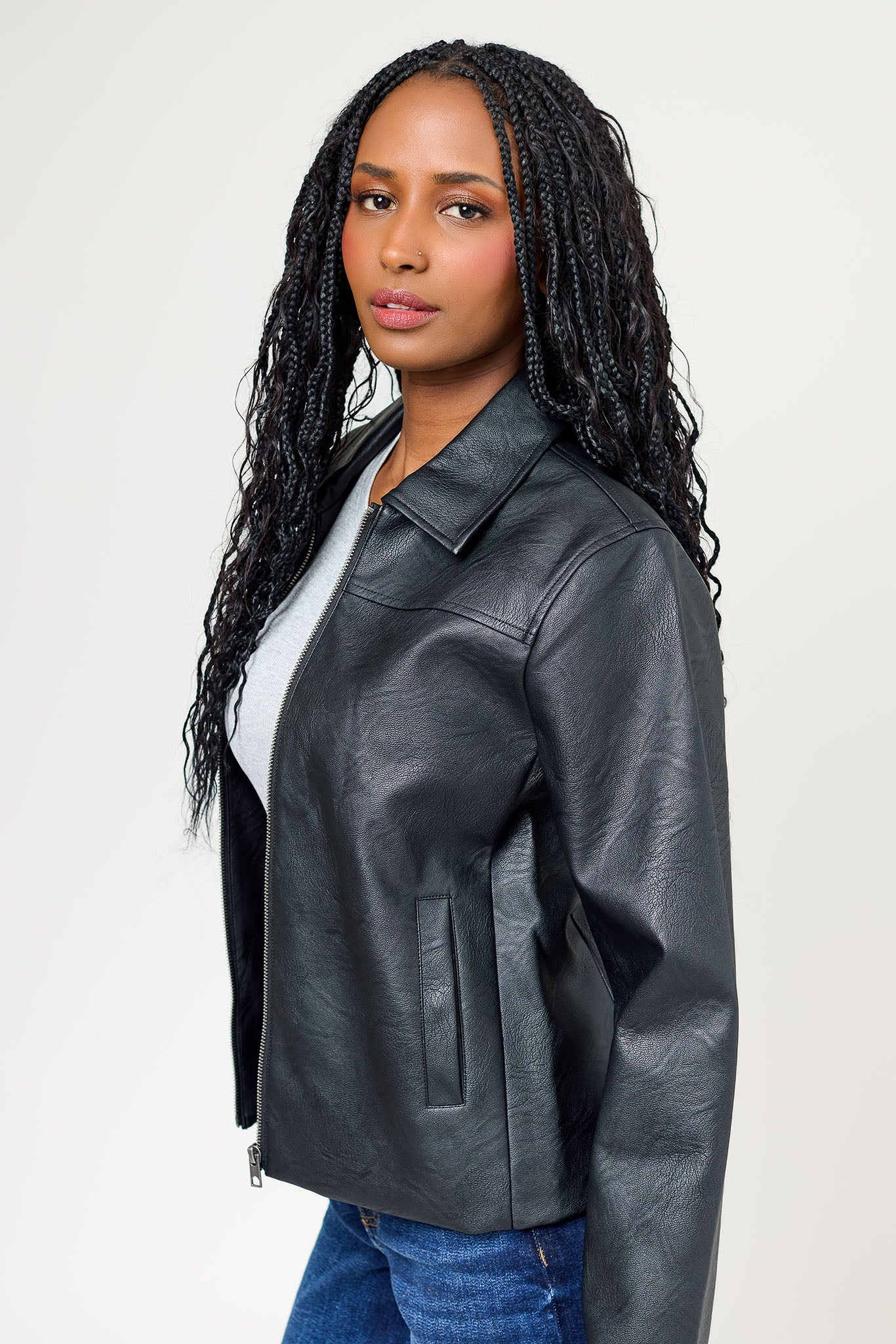 Faux Leather Zip-Front Jacket