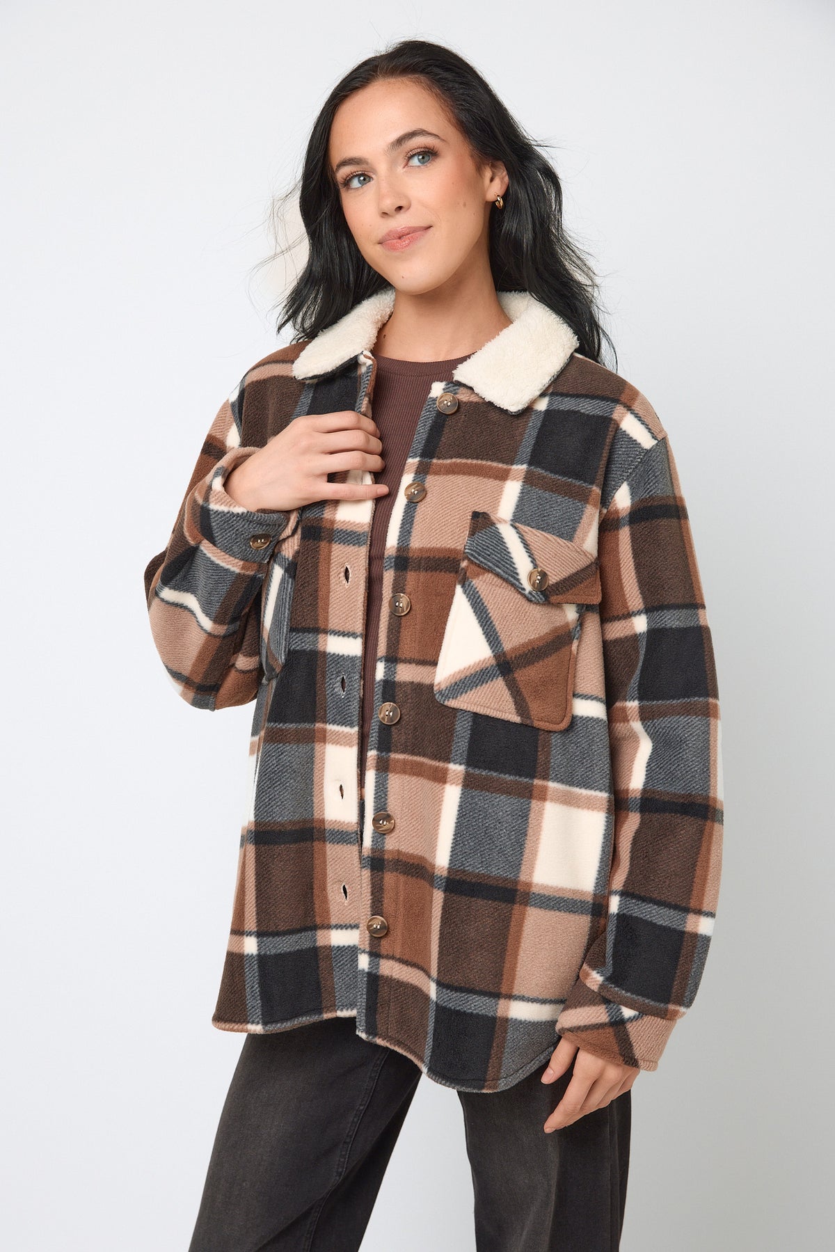 Elena Plaid Polar Fleece Shacket with Sherpa Collar &amp; Lining