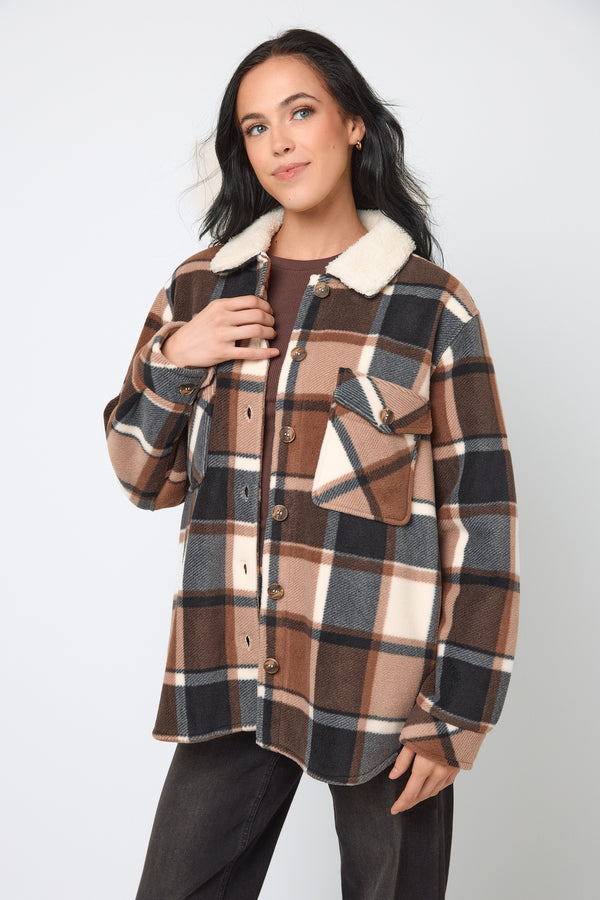 Elena Plaid Polar Fleece Shacket with Sherpa Collar & Lining