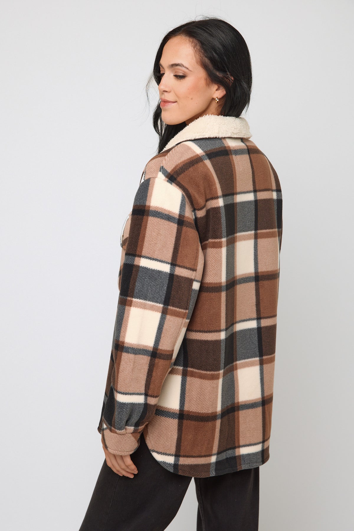 Elena Plaid Polar Fleece Shacket with Sherpa Collar &amp; Lining