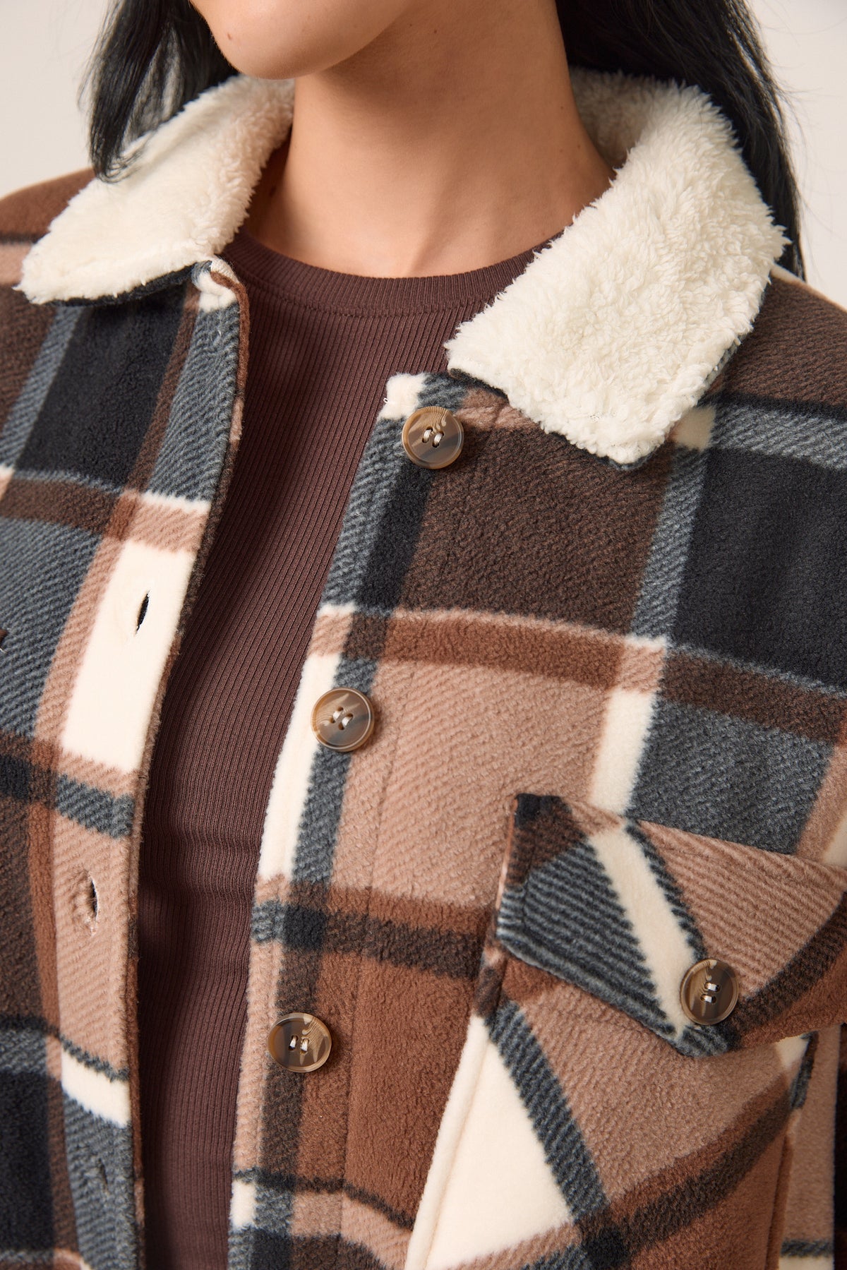 Elena Plaid Polar Fleece Shacket with Sherpa Collar &amp; Lining