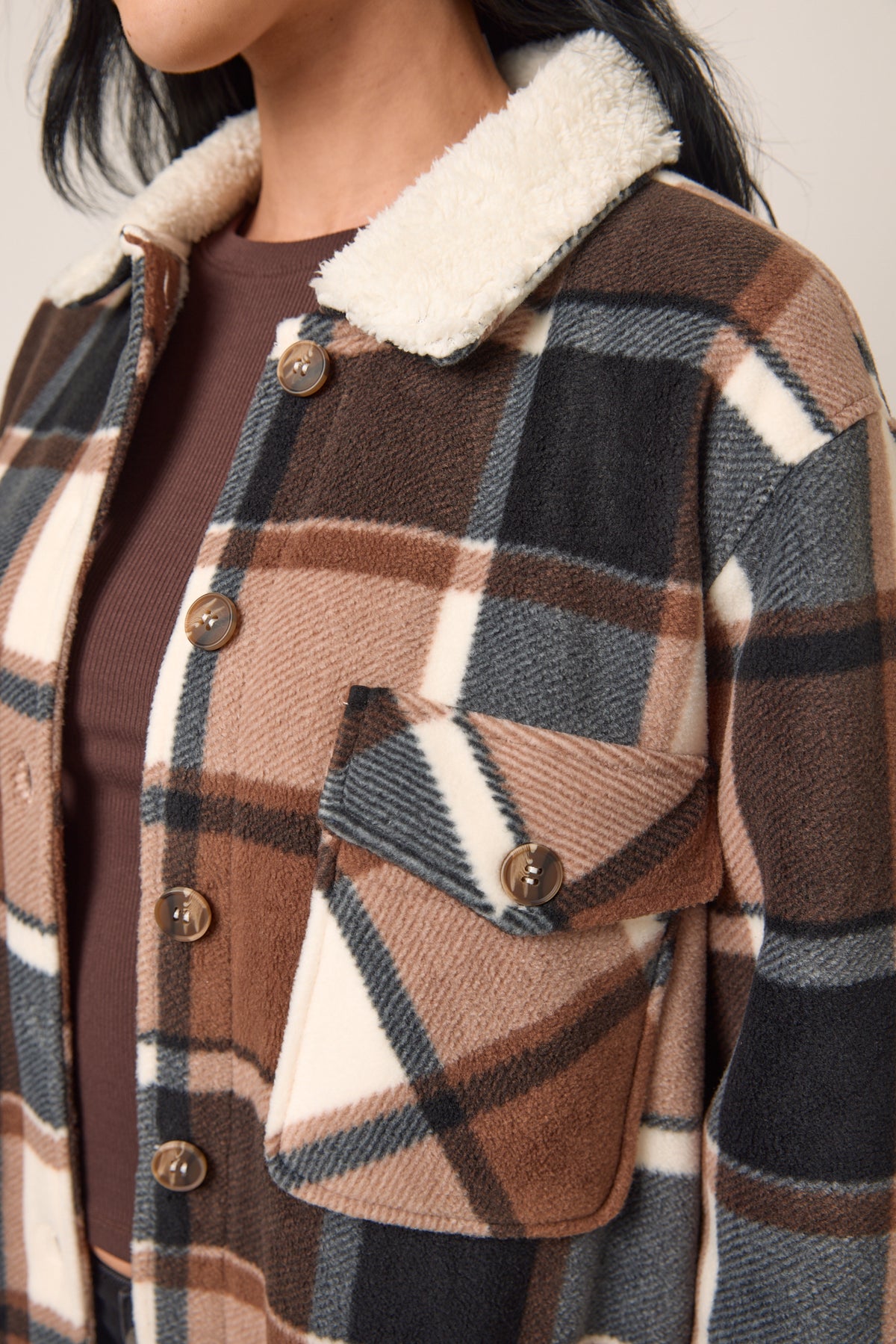 Elena Plaid Polar Fleece Shacket with Sherpa Collar &amp; Lining