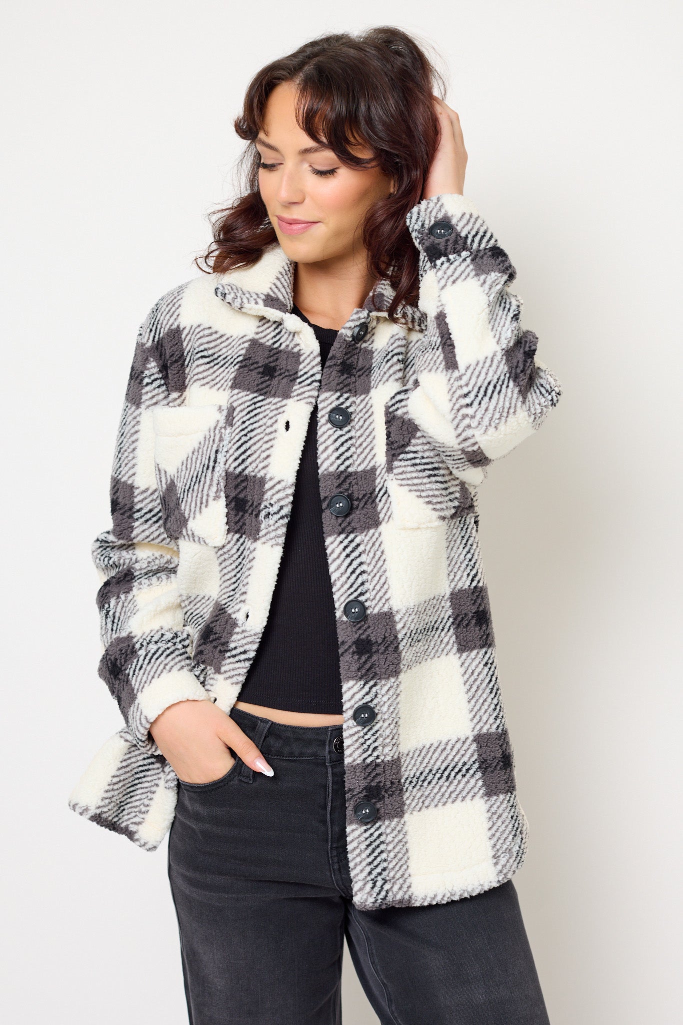 Brielle Plaid Sherpa Shacket with Shirttail Hem