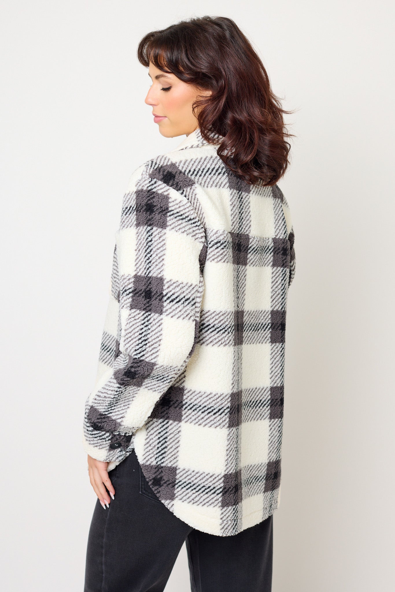 Brielle Plaid Sherpa Shacket with Shirttail Hem